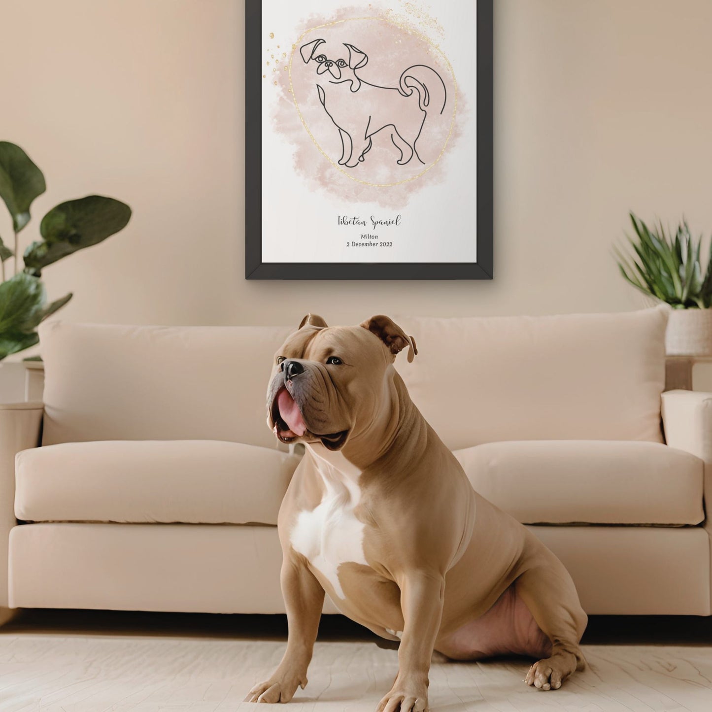 Minimalistisk beige poster med American Bully och en kraftfull men vänlig American Bully-hund bredvid, design från Colorful Pets.
