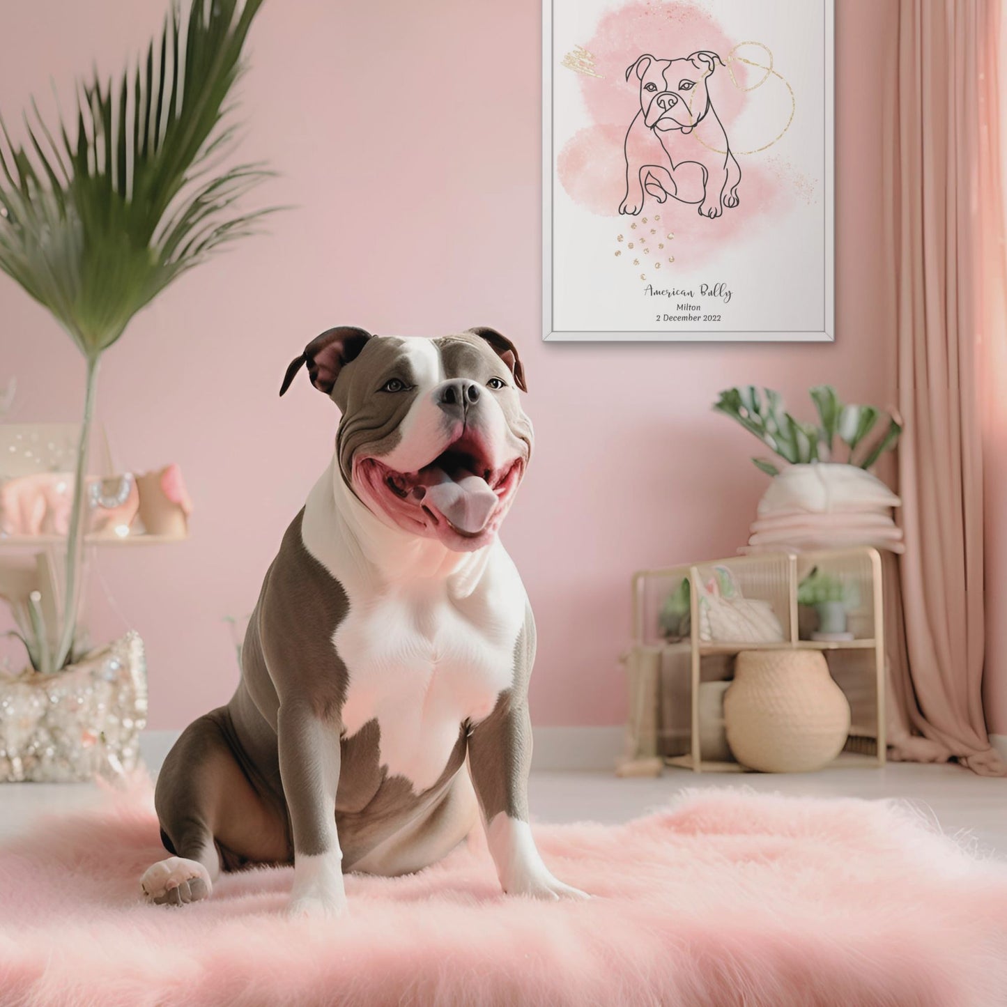 Minimalistisk rosa poster med American Bully och en kraftfull men vänlig American Bully-hund bredvid, design från Colorful Pets.