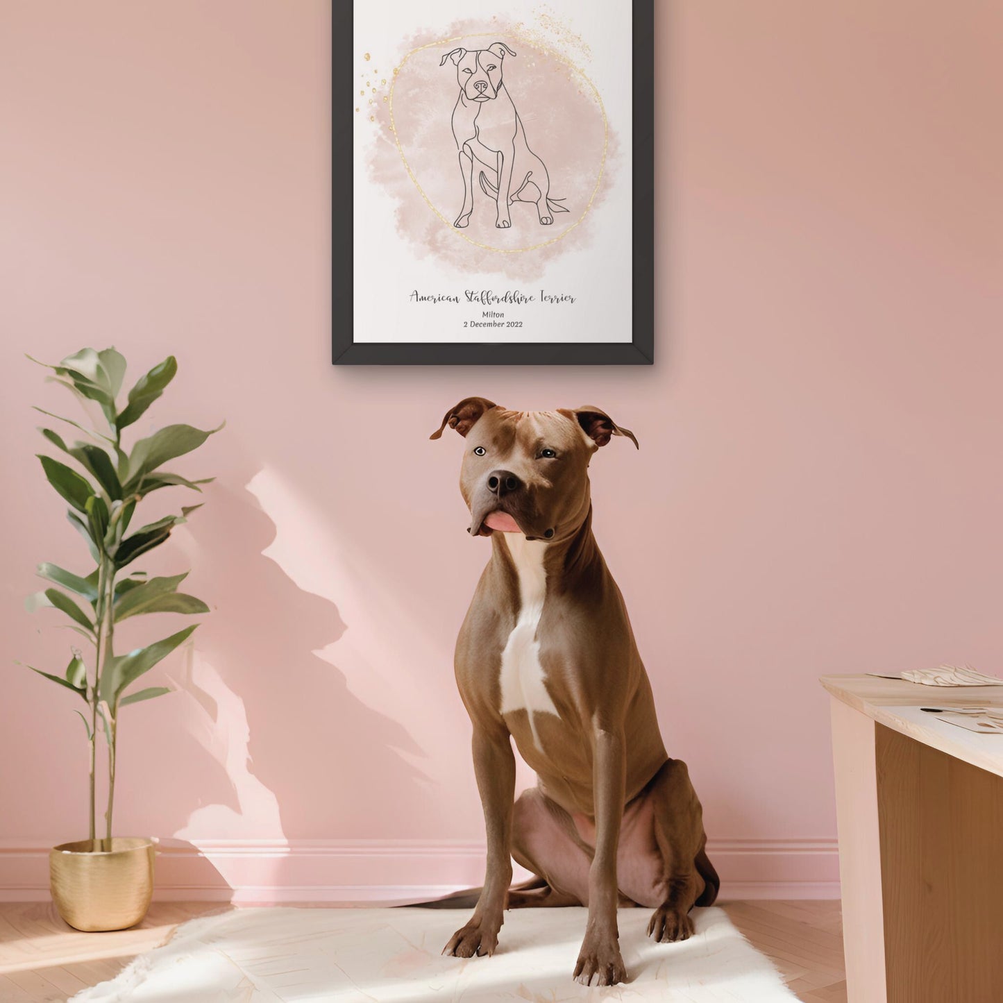 Minimalistisk beige poster med American Staffordshire Terrier och en lojal Amstaff-hund bredvid, design från Colorful Pets.