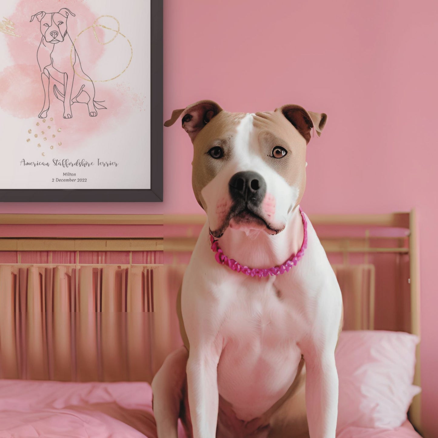 Minimalistisk rosa poster med American Staffordshire Terrier och en lojal Amstaff-hund bredvid, design från Colorful Pets.