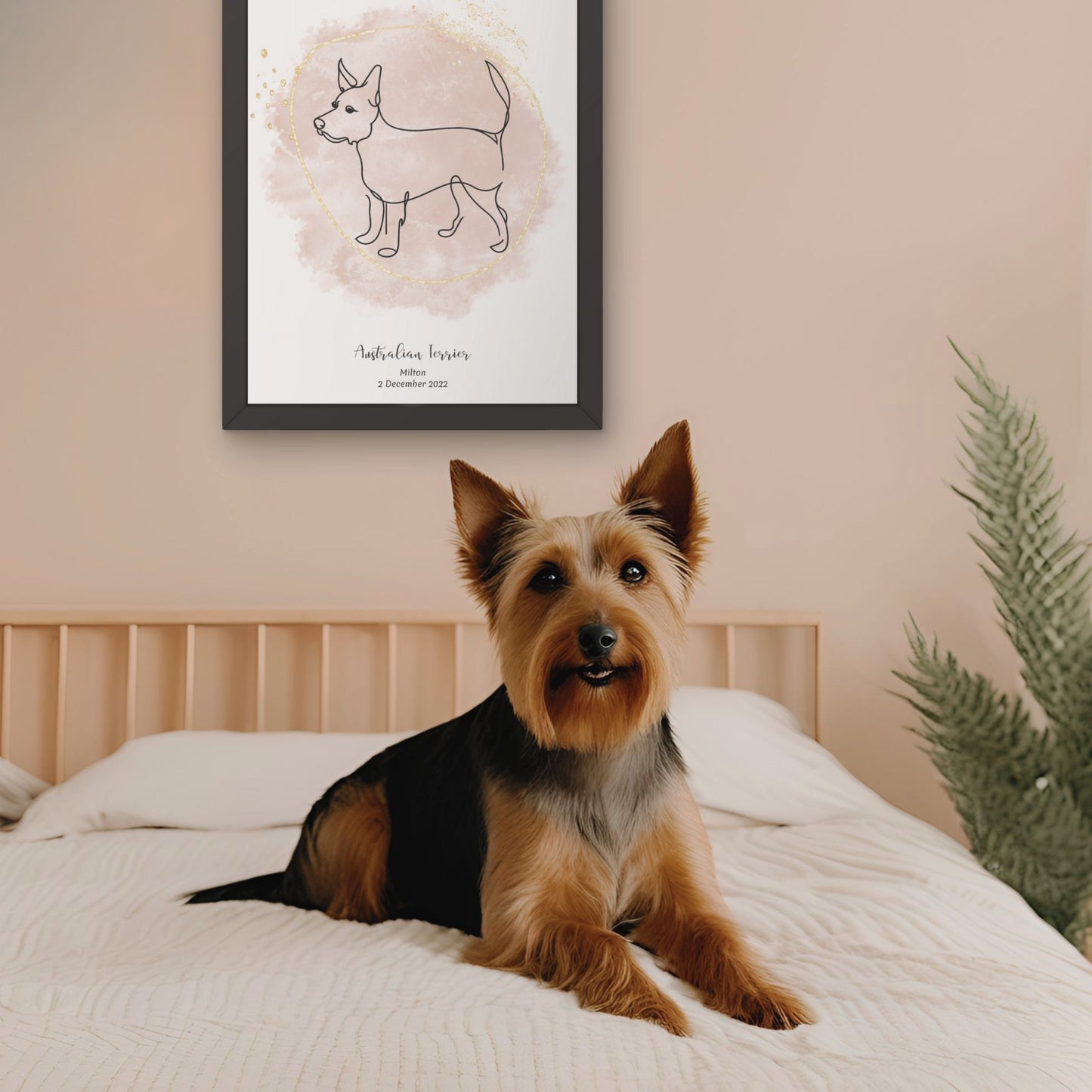 Minimalistisk beige poster med Australisk Terrier och en livlig Australisk Terrier-hund bredvid, design från Colorful Pets.