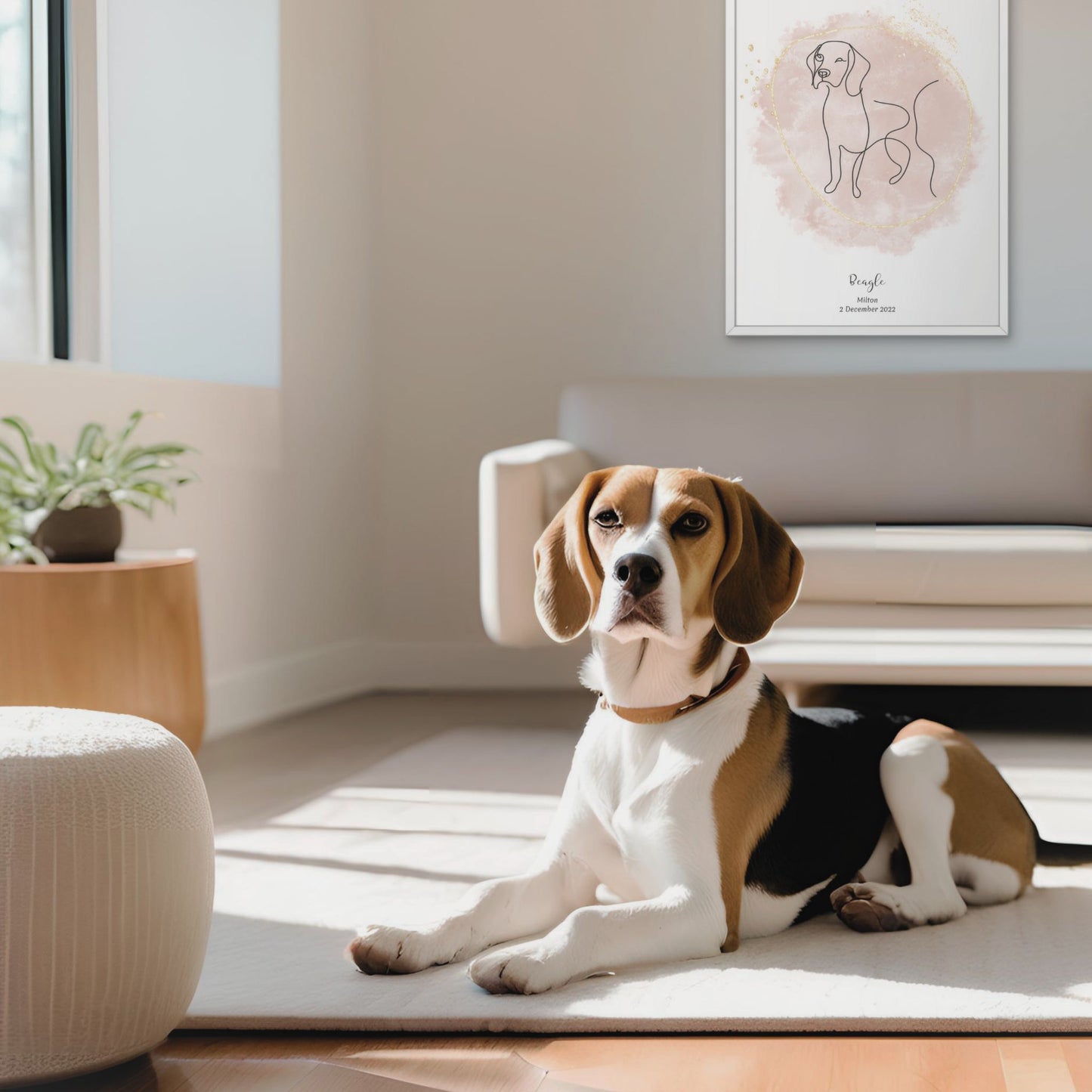 Minimalistisk beige poster med Beagle och en lekfull Beagle-hund bredvid, design från Colorful Pets.