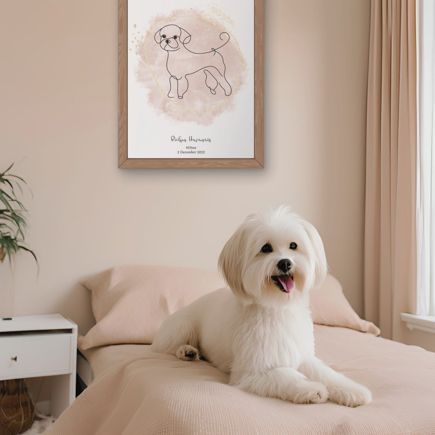 Minimalistisk beige poster med Bichon Havanais och en söt Bichon Havanais-hund bredvid, design från Colorful Pets.