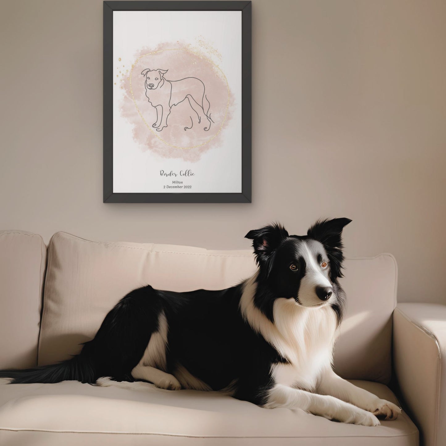 Minimalistisk beige poster med Border Collie och en intelligent Border Collie-hund bredvid, design från Colorful Pets.
