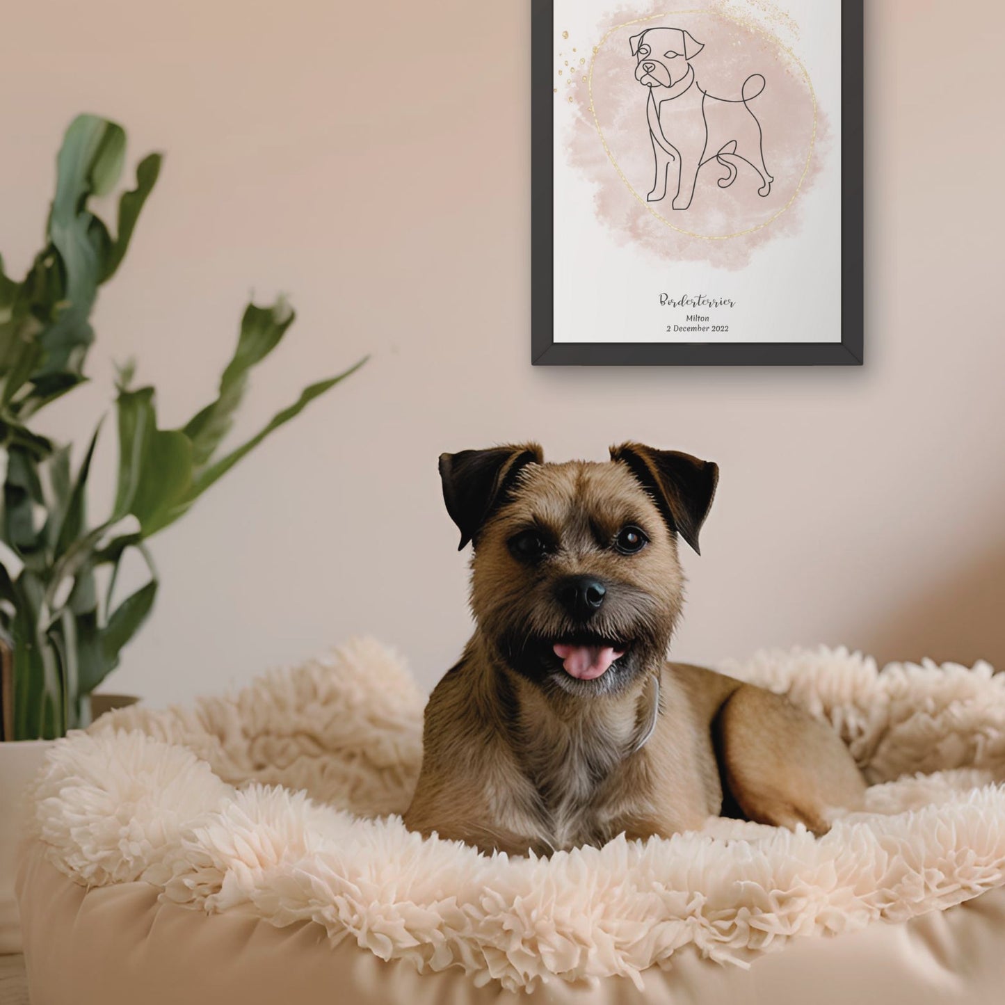 Minimalistisk beige poster med Borderterrier och en söt Borderterrier-hund vid sidan, design från Colorful Pets.