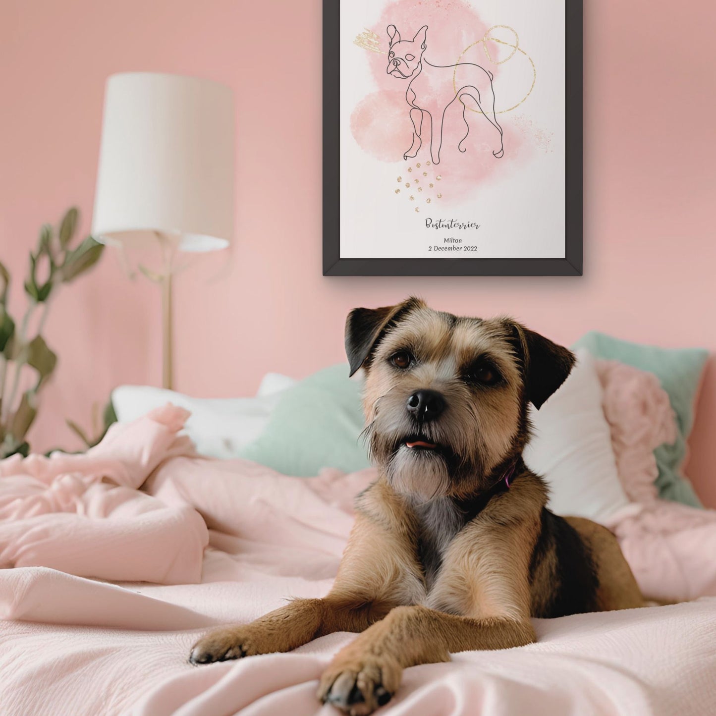 Minimalistisk rosa poster med Borderterrier och en charmig Borderterrier-hund vid sidan, design från Colorful Pets.