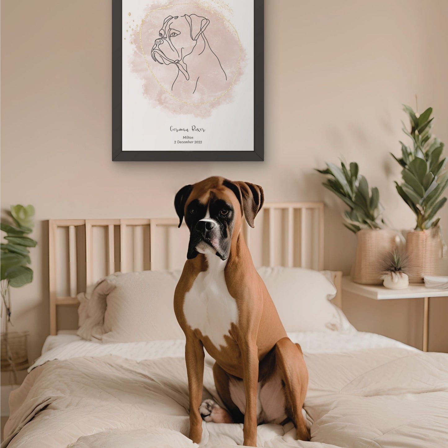 Minimalistisk beige poster med Boxer och en charmig Boxer-hund bredvid, design från Colorful Pets.