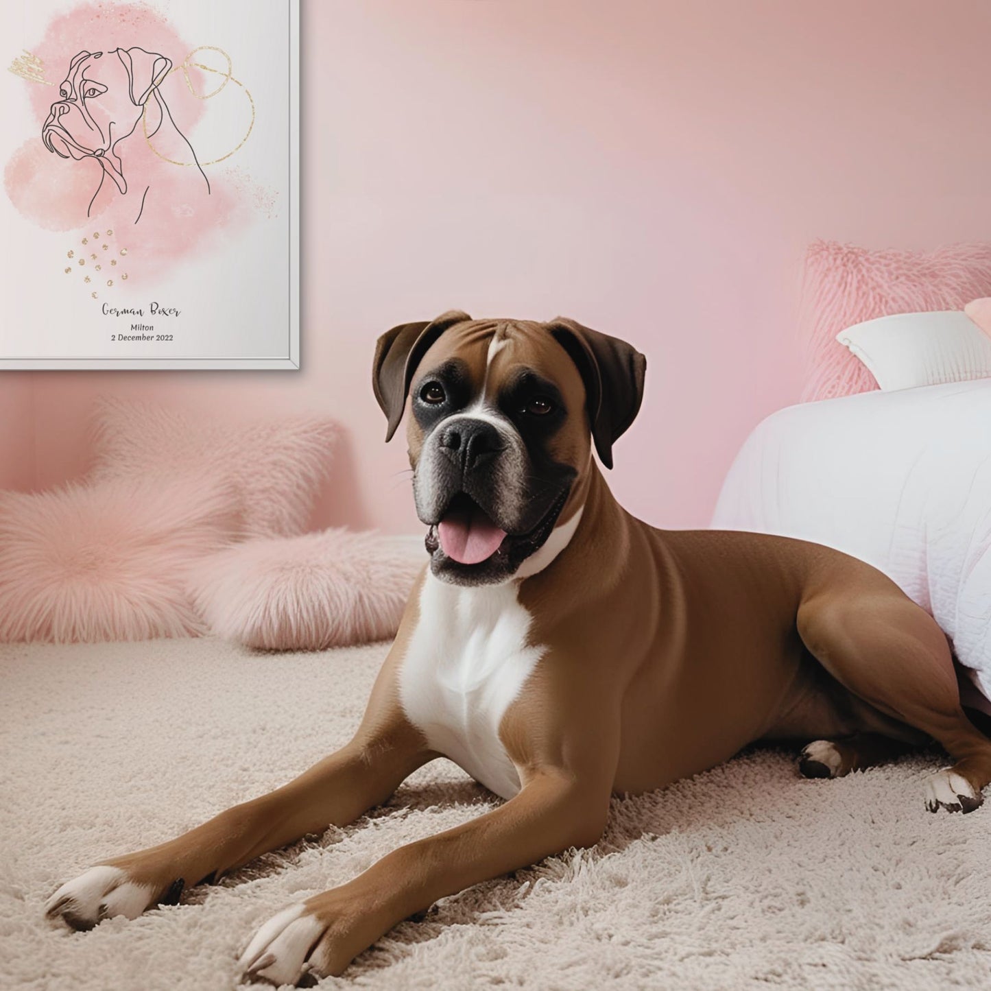 Minimalistisk rosa poster med Boxer och en charmig Boxer-hund bredvid, design från Colorful Pets.