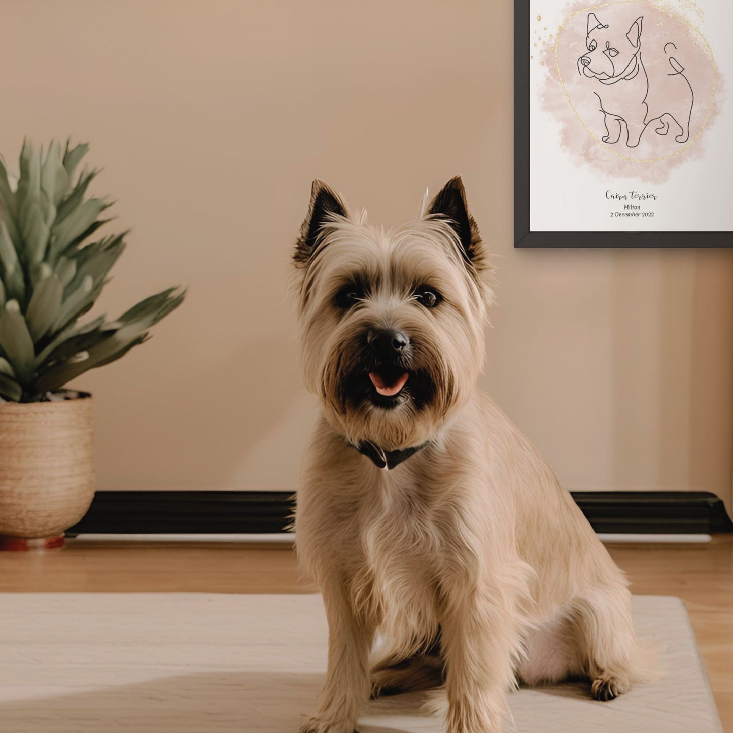 Minimalistisk beige poster med Cairnterrier och en söt Cairnterrier-hund bredvid, design från Colorful Pets.