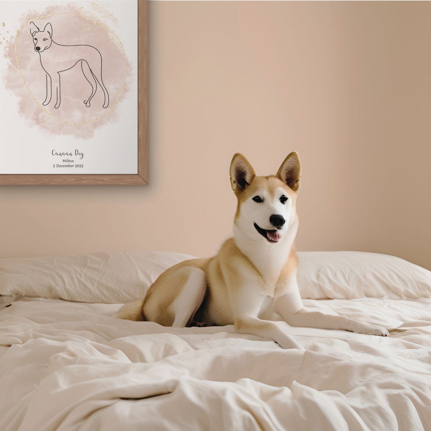 Minimalistisk beige poster med Canaan Dog och en charmig Canaan Dog-hund bredvid, design från Colorful Pets.