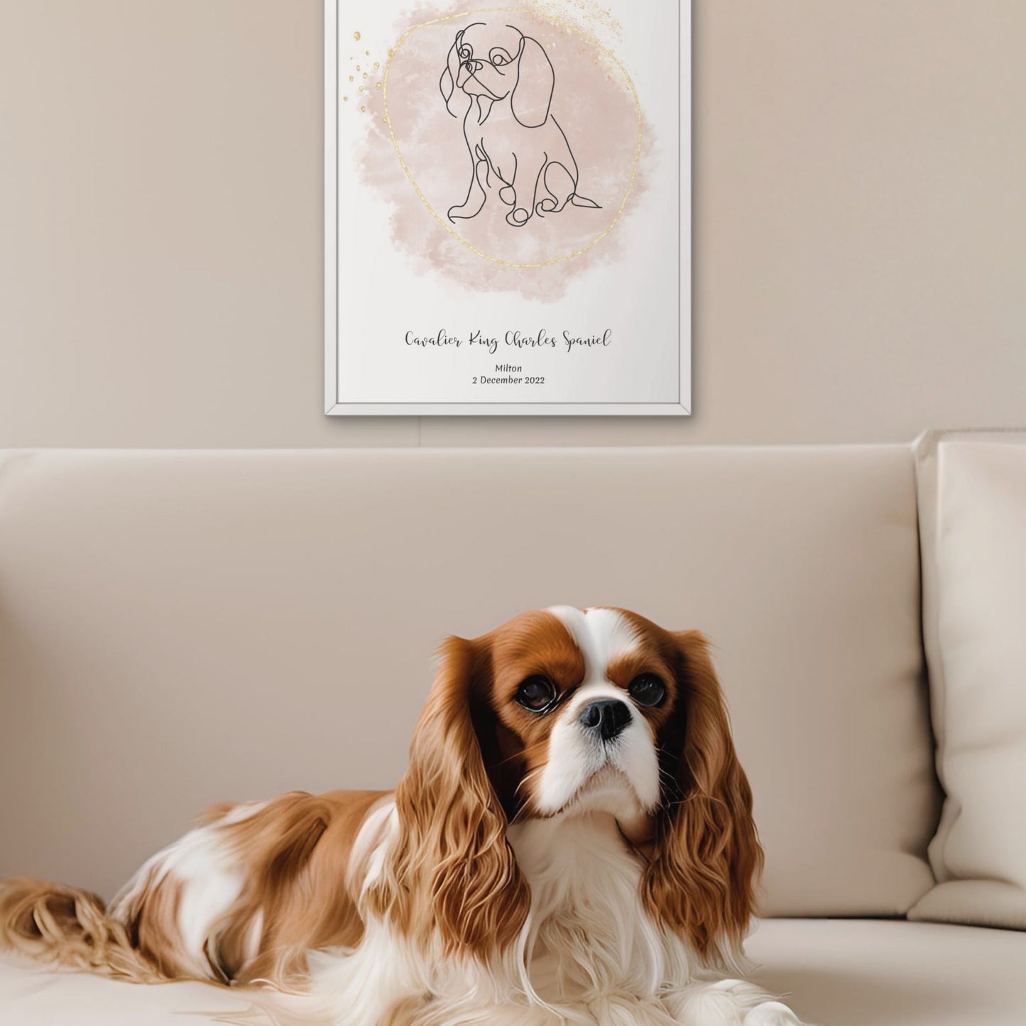 Minimalistisk beige poster med Cavalier King Charles Spaniel och en söt Cavalier-hund bredvid, design från Colorful Pets.