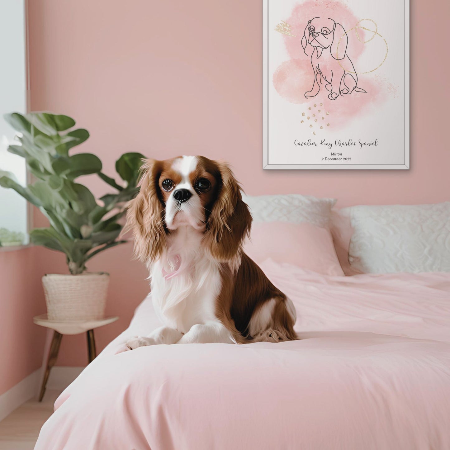 Minimalistisk rosa poster med Cavalier King Charles Spaniel och en söt Cavalier-hund bredvid, design från Colorful Pets.