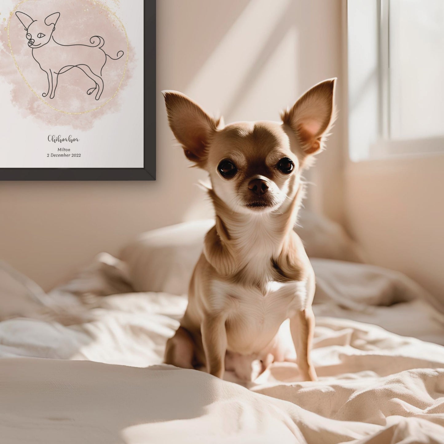 Minimalistisk beige poster med Chihuahua och en söt Chihuahua-hund bredvid, design från Colorful Pets.