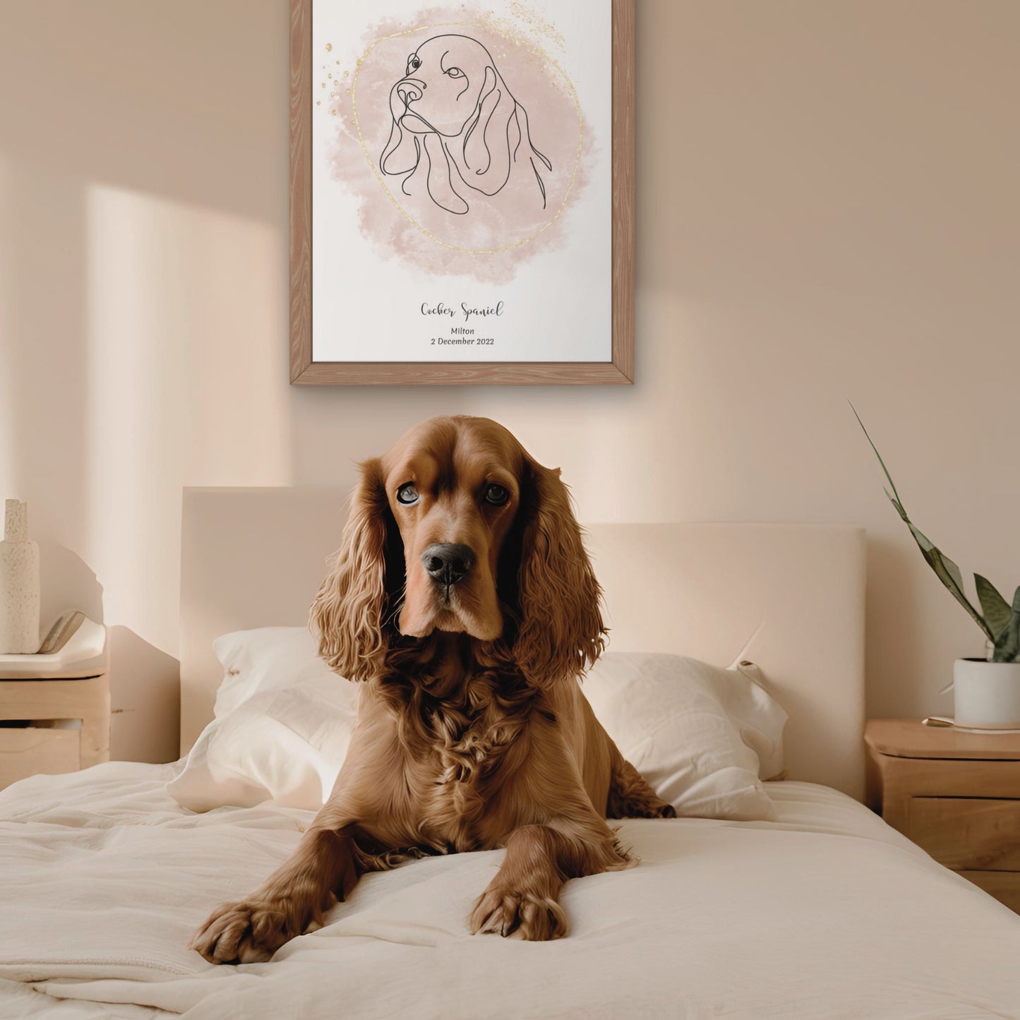 Minimalistisk beige poster med Cocker Spaniel och en söt Cocker Spaniel-hund bredvid, design från Colorful Pets.