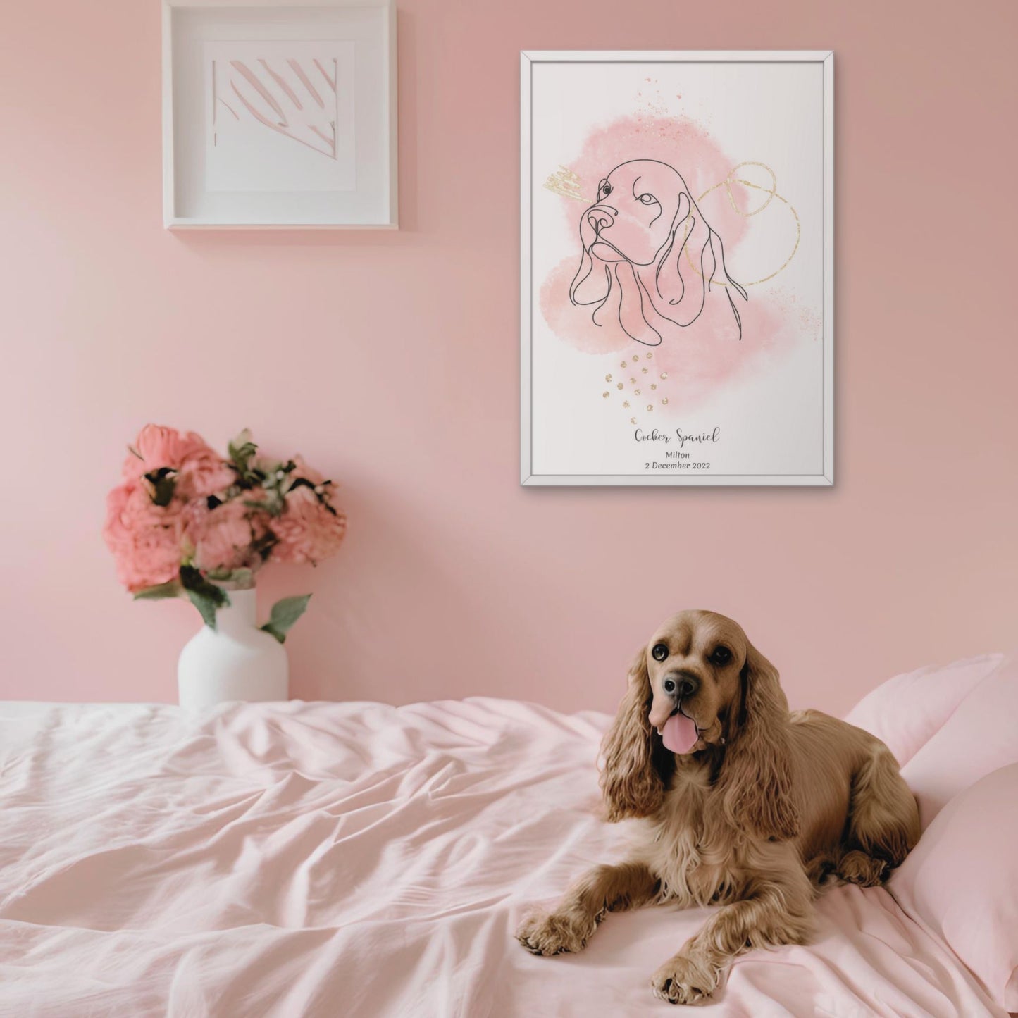 Minimalistisk rosa poster med Cocker Spaniel och en glad Cocker Spaniel-hund bredvid, design från Colorful Pets.