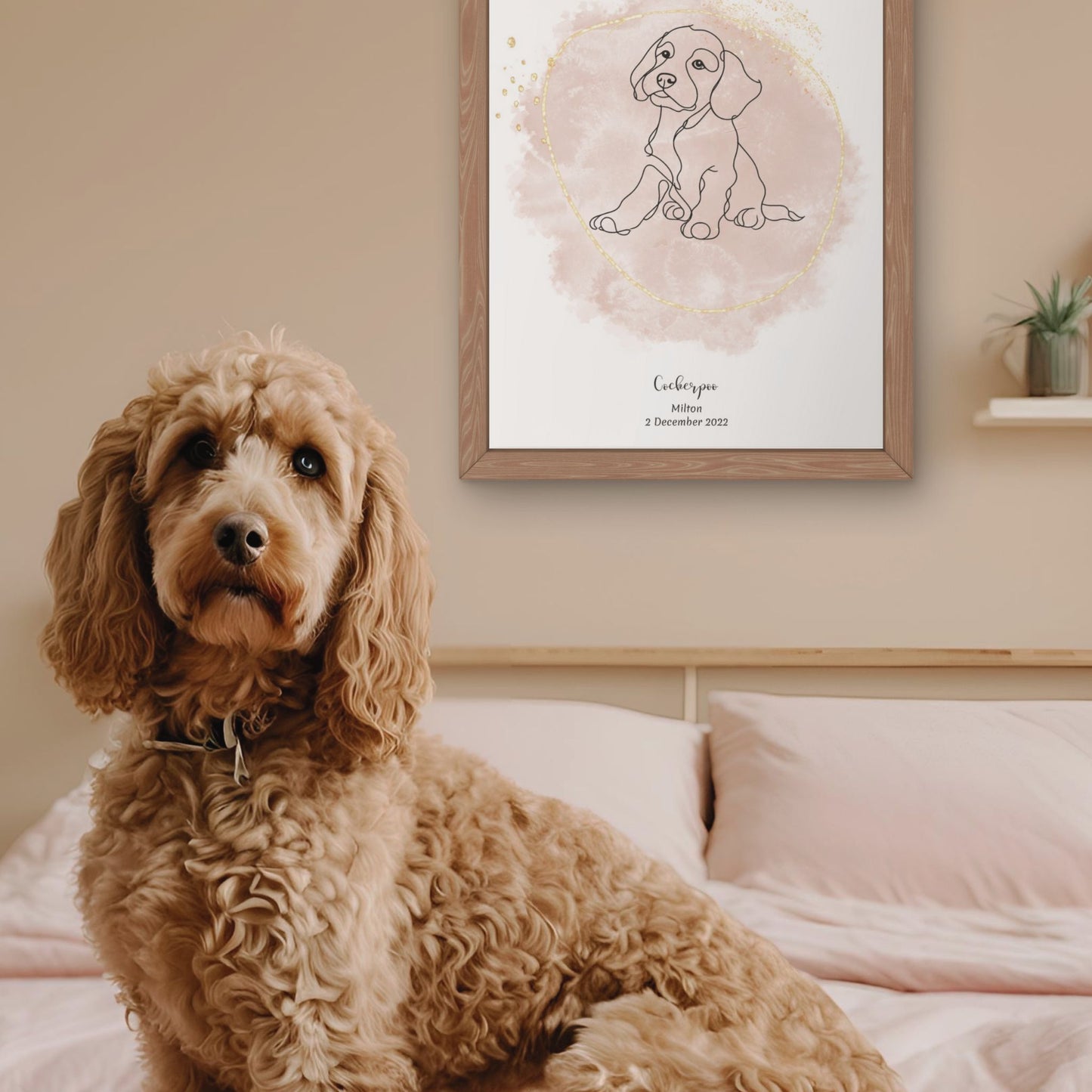 Minimalistisk beige poster med Cockerpoo och en charmig Cockerpoo-hund bredvid, design från Colorful Pets.