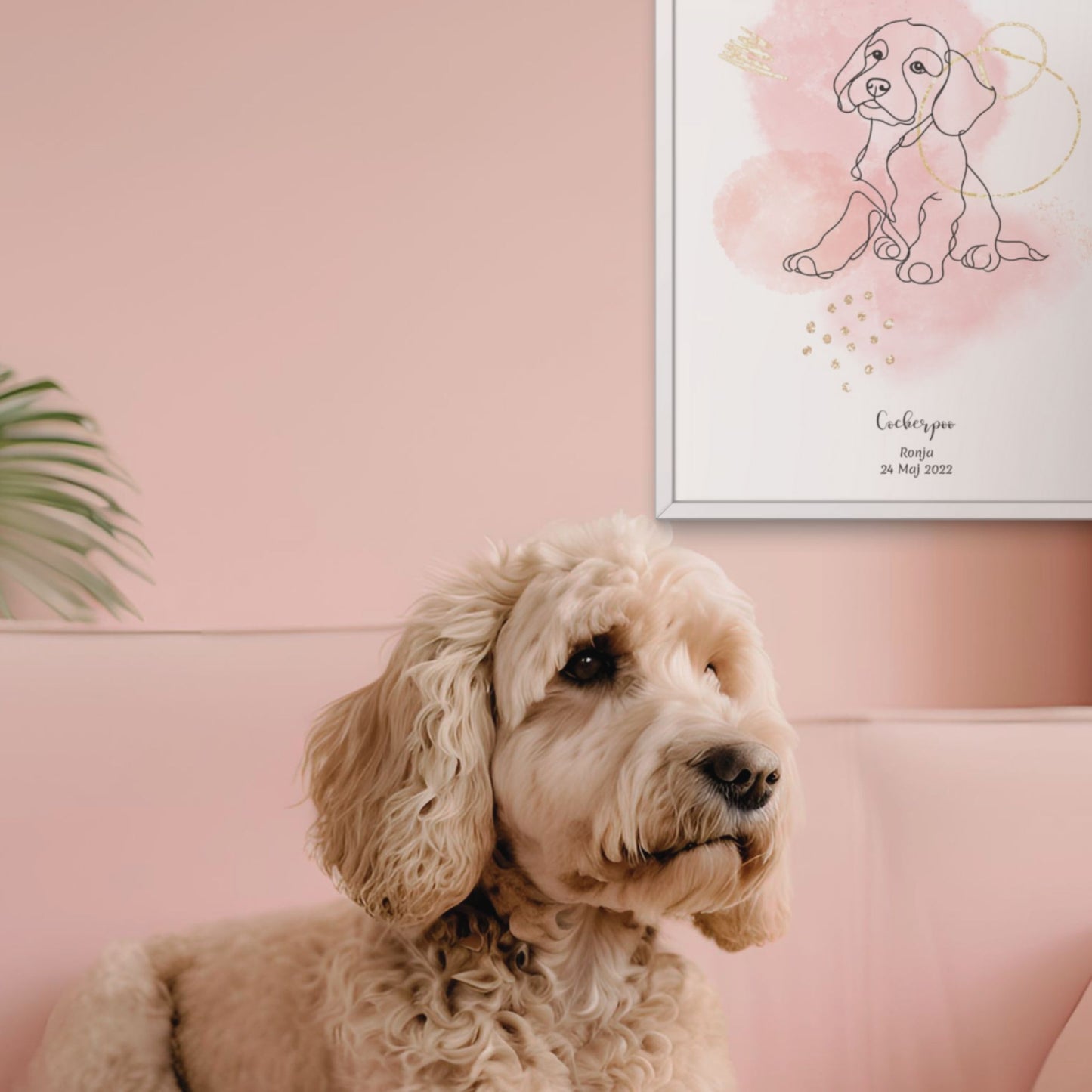 Minimalistisk rosa poster med Cockerpoo och en söt Cockerpoo-hund bredvid, design från Colorful Pets.