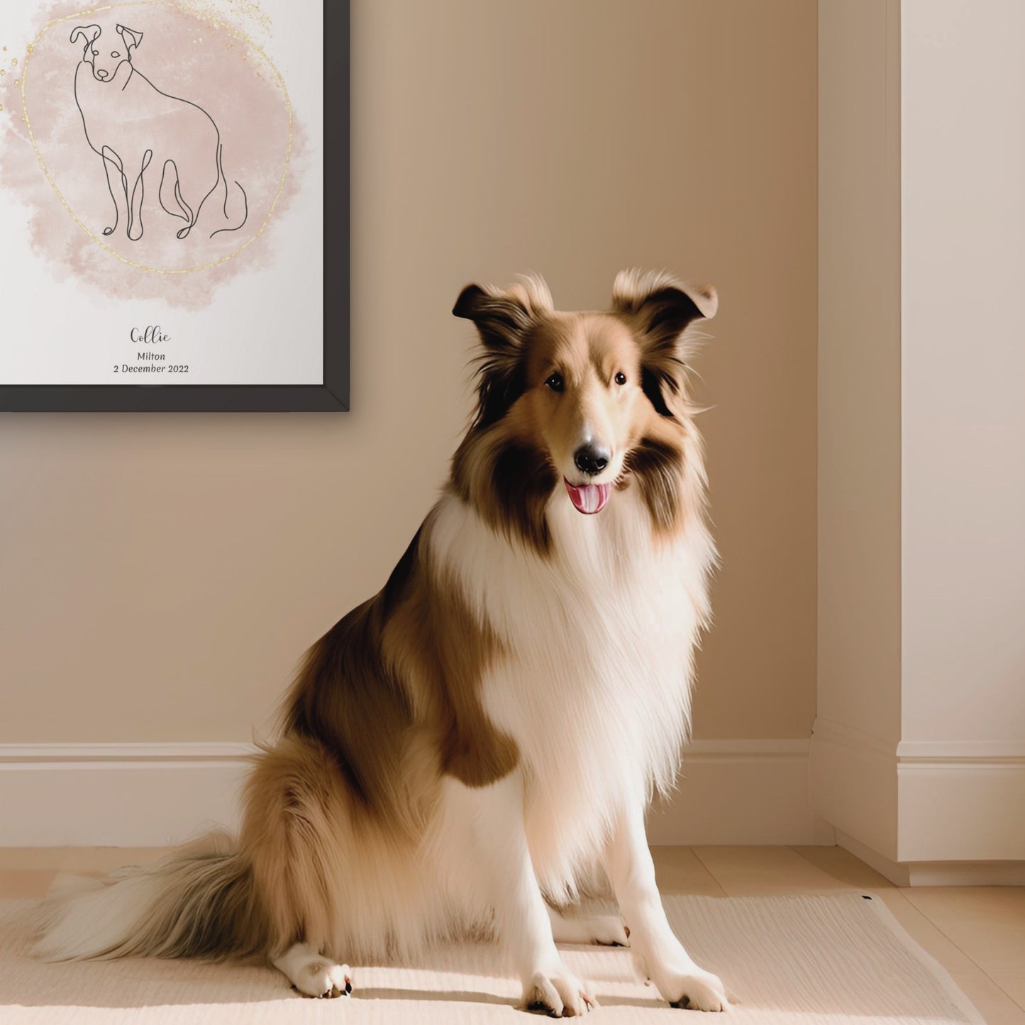 Minimalistisk beige poster med Collie och en vacker Collie-hund bredvid, design från Colorful Pets.