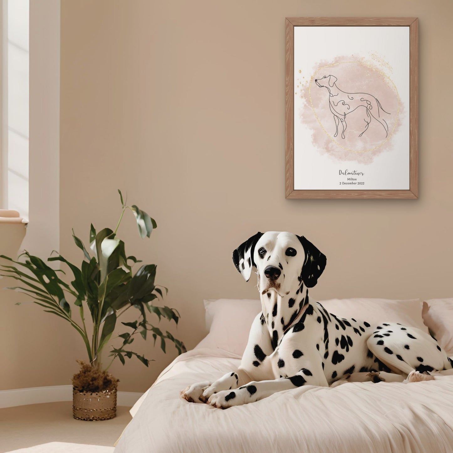 Minimalistisk beige poster med Dalmatiner och en söt Dalmatiner-hund bredvid, design från Colorful Pets.
