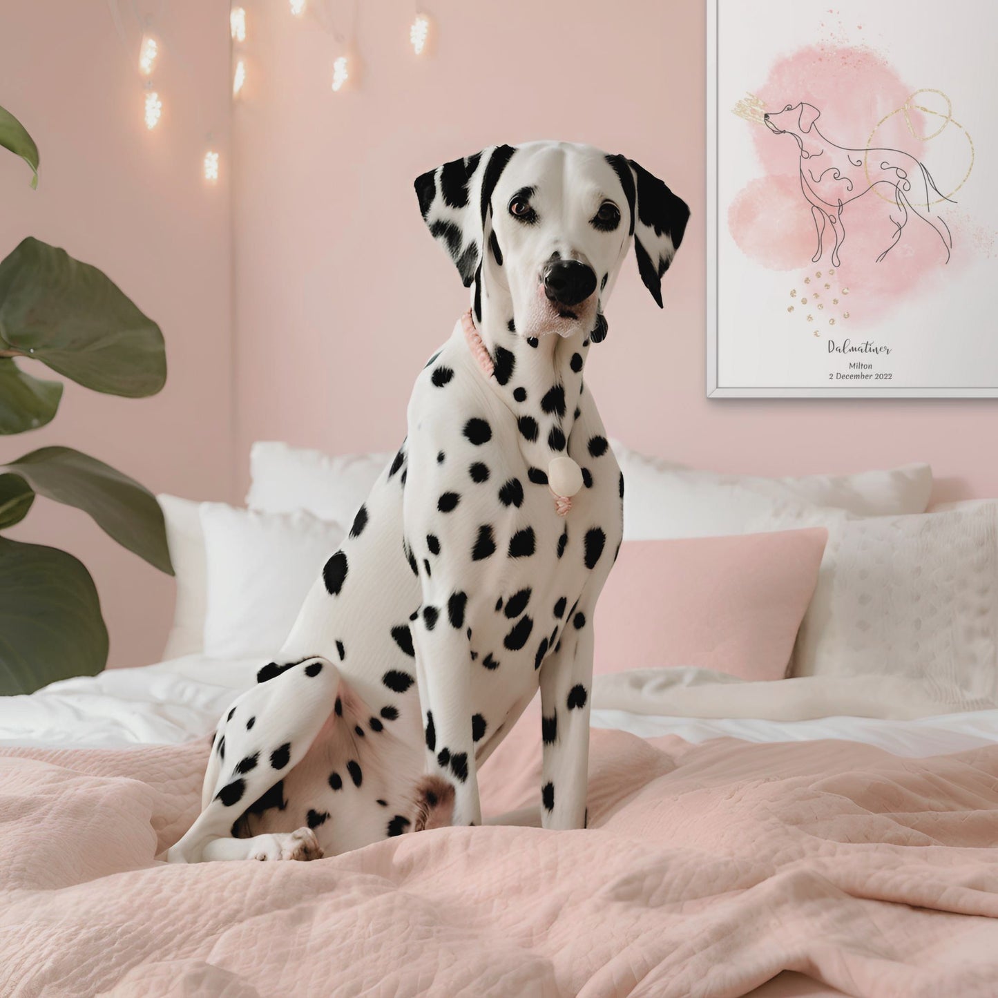 Minimalistisk rosa poster med Dalmatiner och en lekfull Dalmatiner-hund bredvid, design från Colorful Pets.