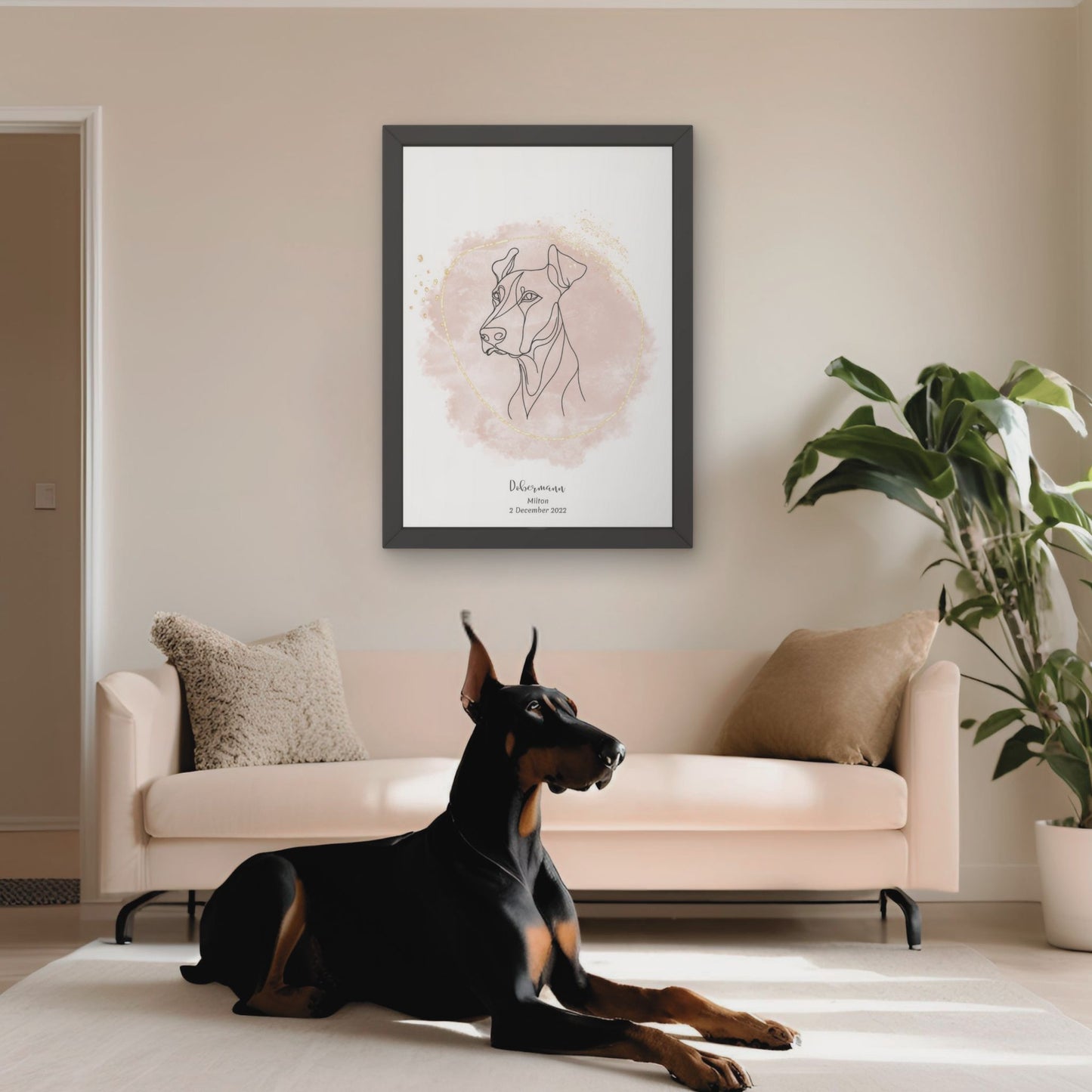 Minimalistisk beige poster med Dobermann och en ståtlig Dobermann-hund bredvid, design från Colorful Pets