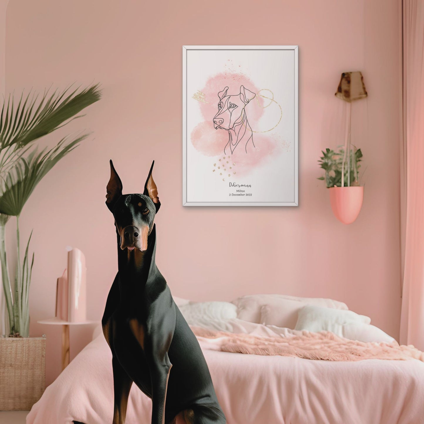Minimalistisk rosa poster med Dobermann och en stilig Dobermann-hund bredvid, design från Colorful Pets.