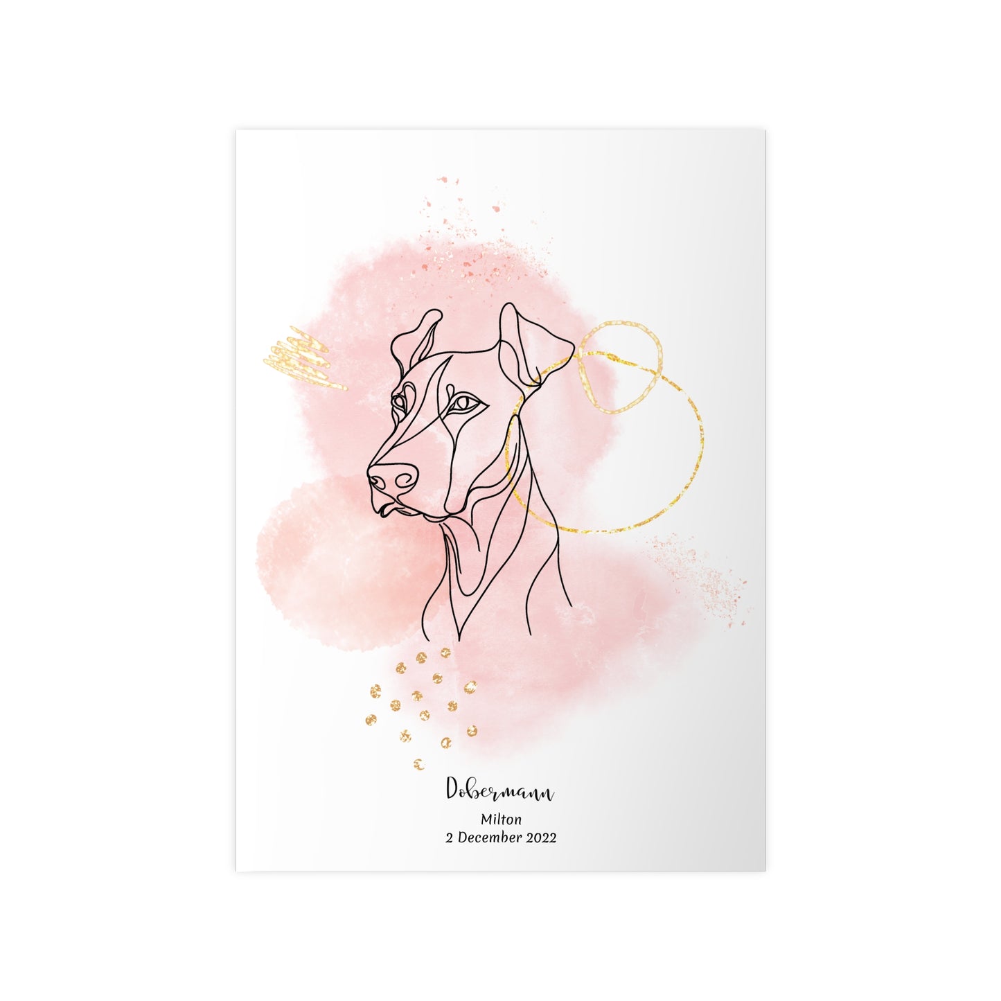 Minimalistisk rosa poster med Dobermann, personlig design från Colorful Pets.