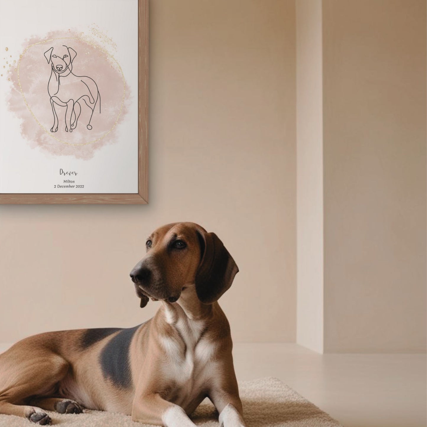 Minimalistisk beige poster med Drever och en charmig Drever-hund bredvid, design från Colorful Pets.