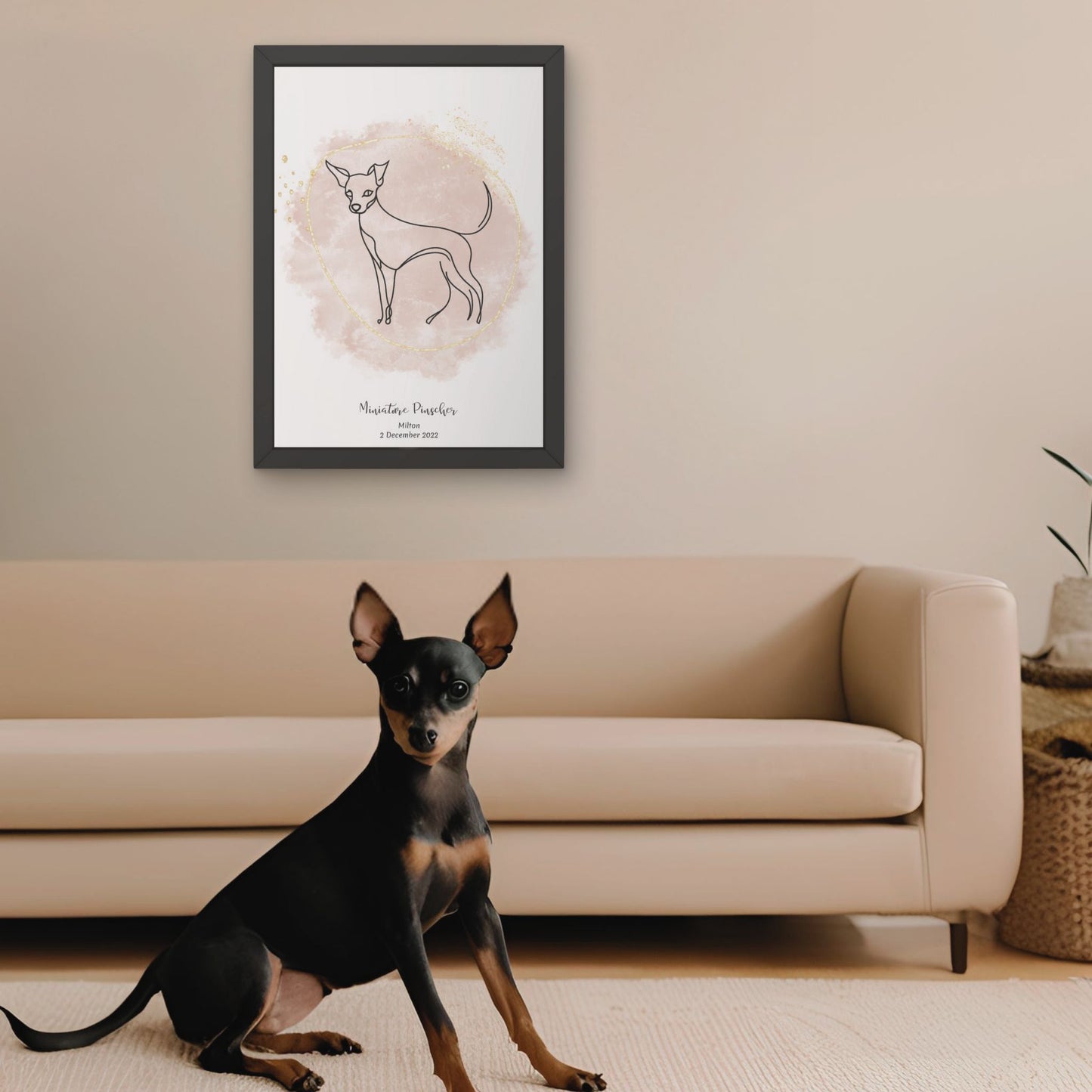 Minimalistisk beige poster med Dvärgpinscher och en modig Dvärgpinscher-hund bredvid, design från Colorful Pets.