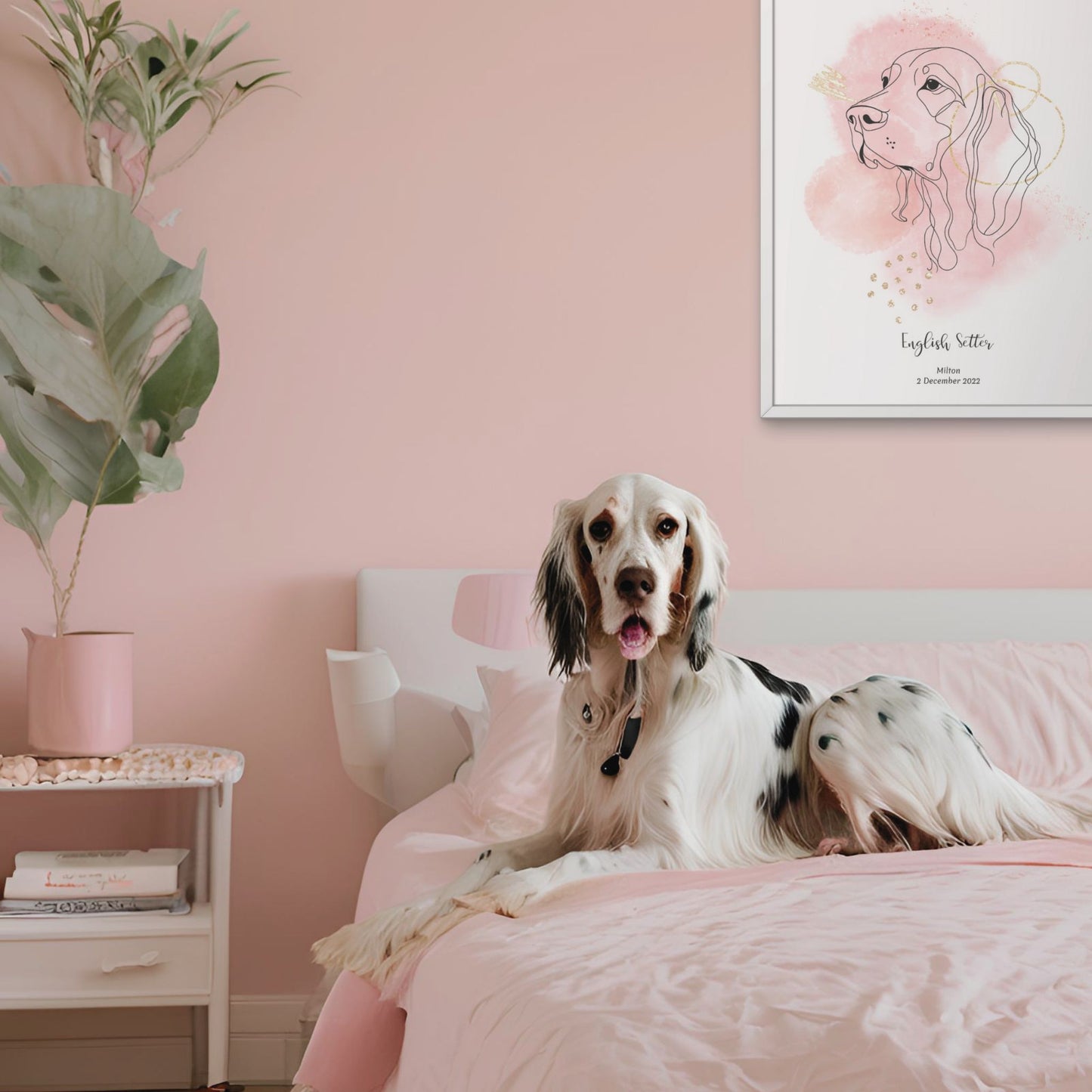 Minimalistisk rosa poster med Engelsk Setter och en charmig Engelsk Setter-hund bredvid, design från Colorful Pets.