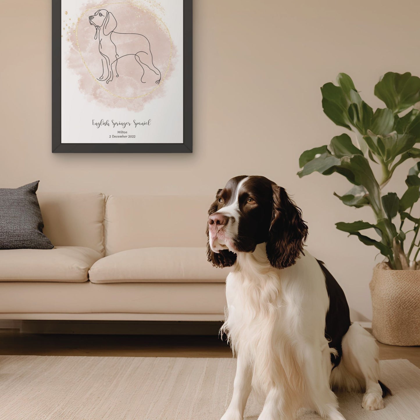 Minimalistisk beige poster med Engelsk Springer Spaniel och en söt Engelsk Springer Spaniel-hund bredvid, design från Colorful Pets.