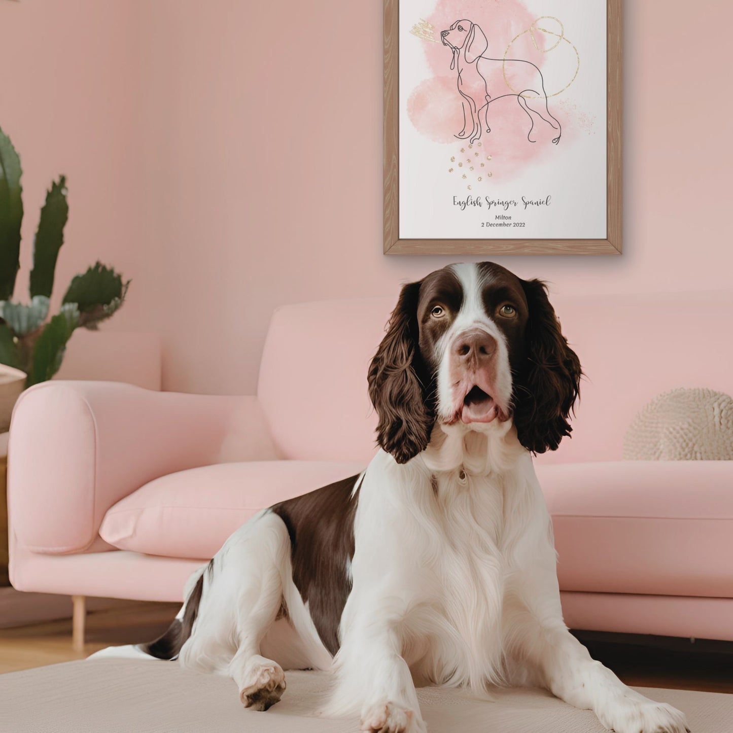 Minimalistisk rosa poster med Engelsk Springer Spaniel och en energisk Engelsk Springer Spaniel-hund bredvid, design från Colorful Pets.