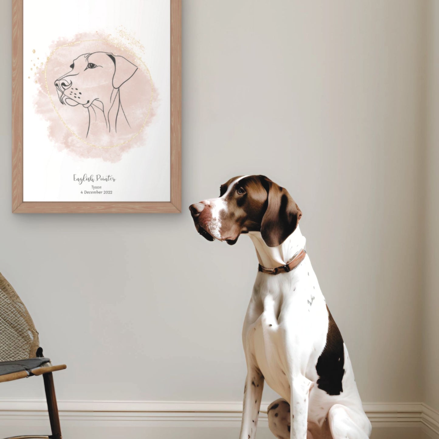 Minimalistisk beige poster med English Pointer och en söt English Pointer-hund bredvid, design från Colorful Pets.