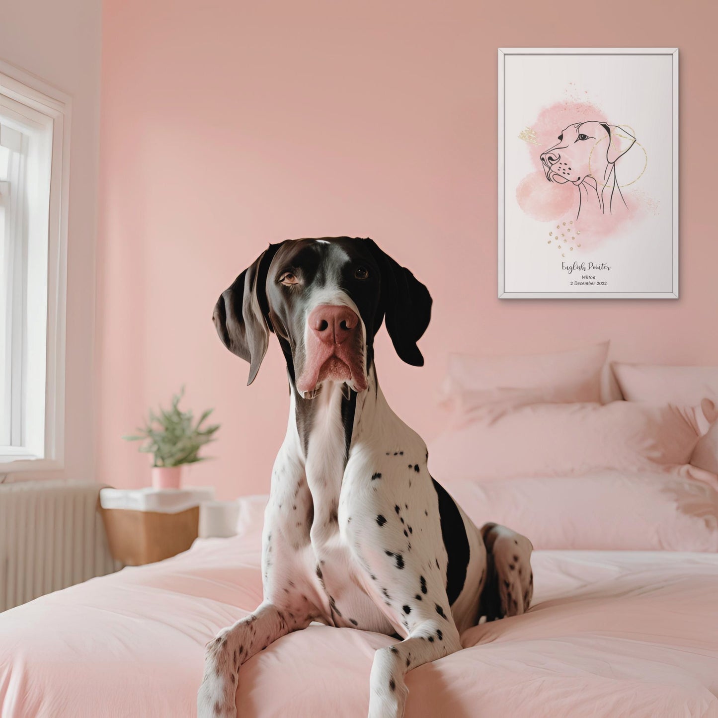 Minimalistisk rosa poster med English Pointer och en söt English Pointer-hund bredvid, design från Colorful Pets.