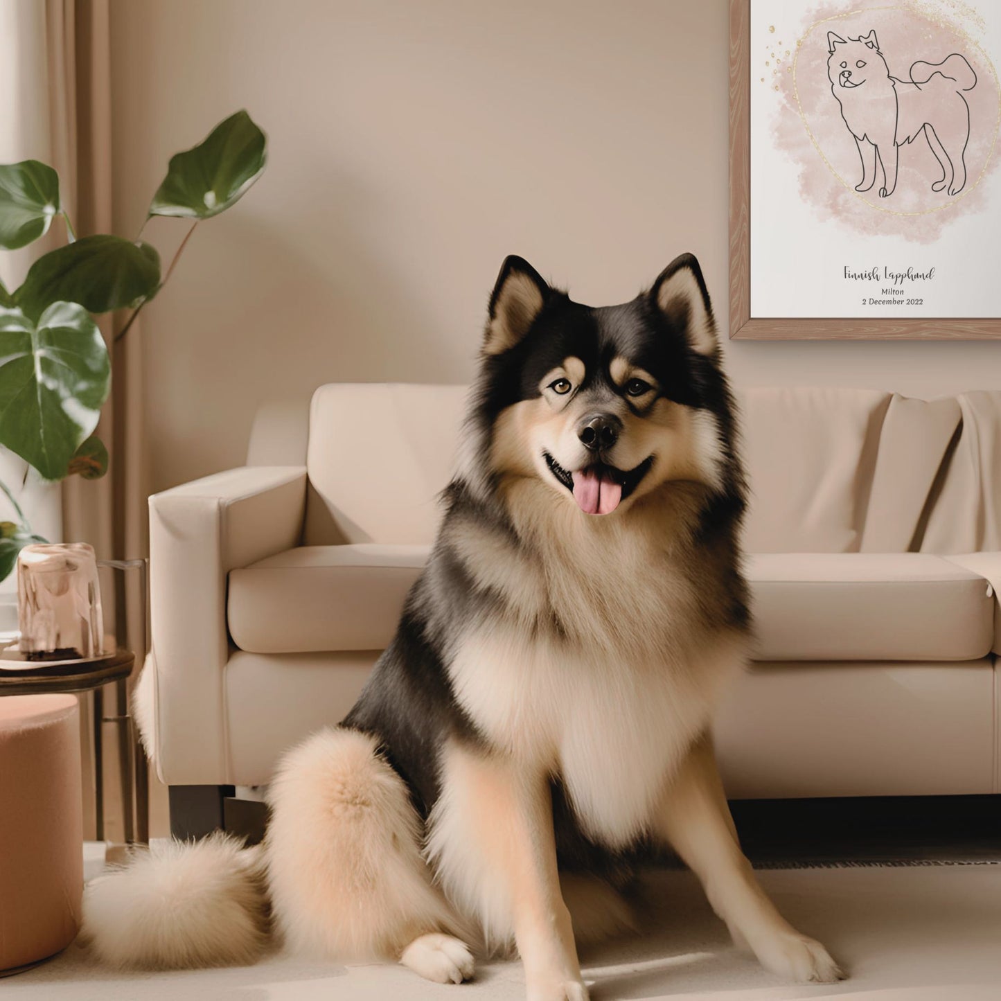 Minimalistisk beige poster med Finsk Lapphund och en glad Finsk Lapphund-hund bredvid, design från Colorful Pets.