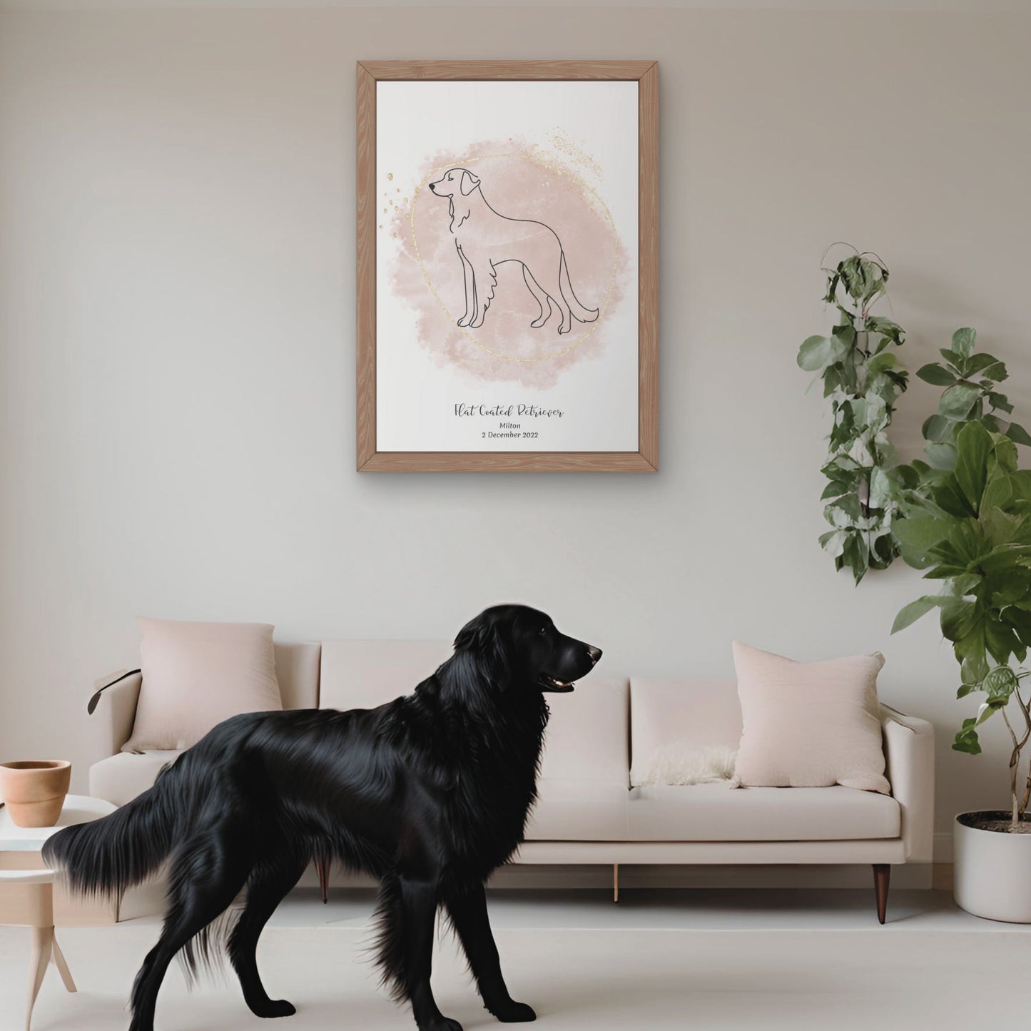 Minimalistisk beige poster med Flatcoated Retriever och en lekfull Flatcoated Retriever-hund bredvid, design från Colorful Pets.