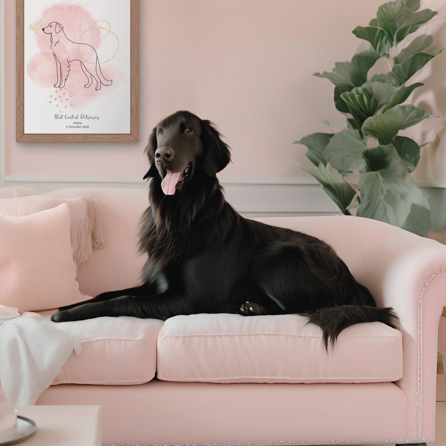 Minimalistisk rosa poster med Flatcoated Retriever och en glad Flatcoated Retriever-hund bredvid, design från Colorful Pets.