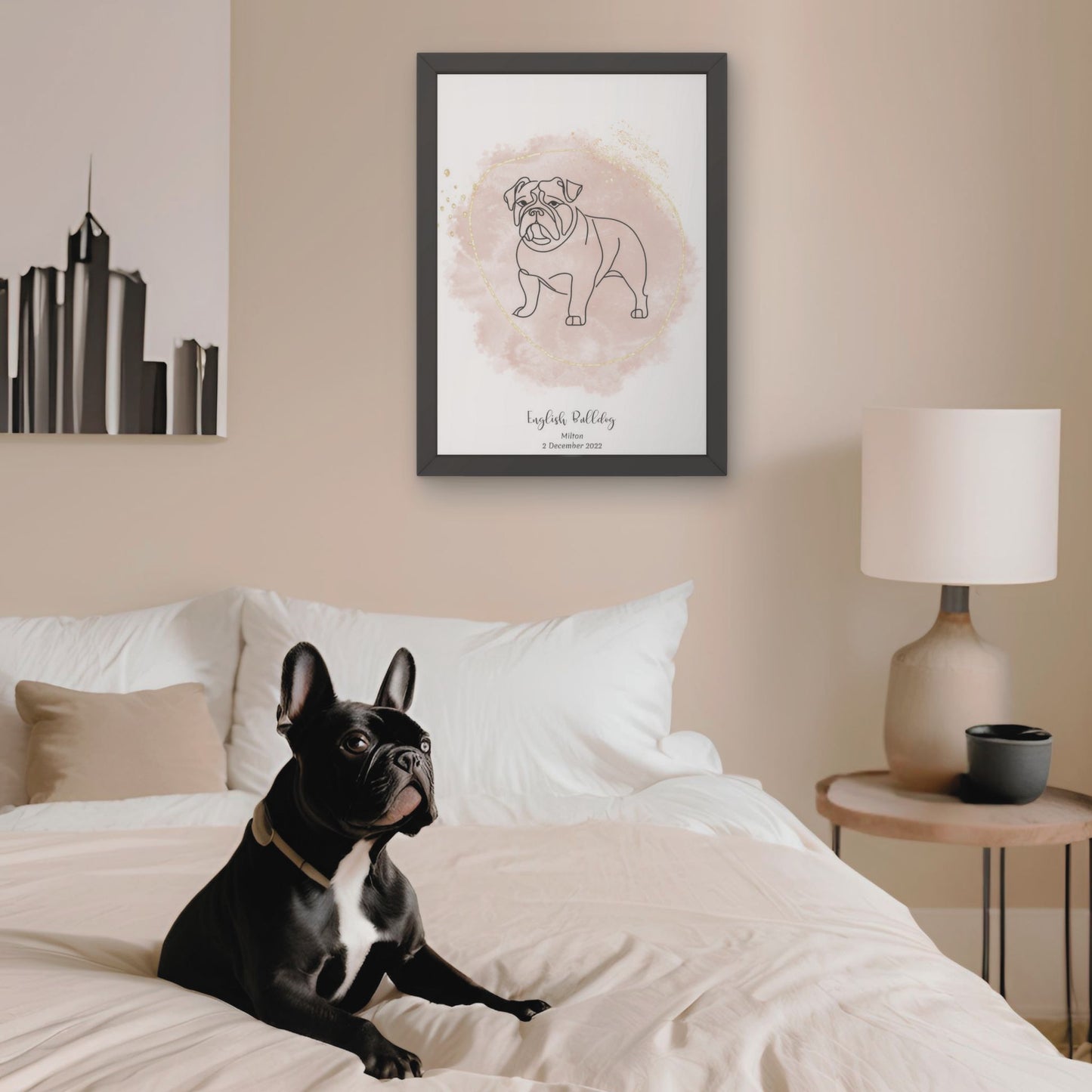 Minimalistisk beige poster med Fransk Bulldog och en charmig Fransk Bulldog-hund bredvid, design från Colorful Pets.