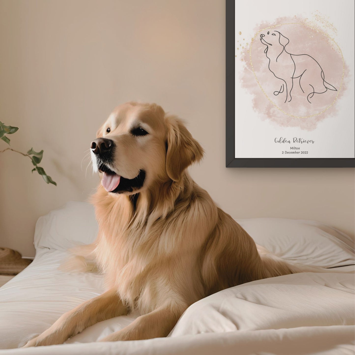 Minimalistisk beige poster med Golden Retriever och en vänlig Golden Retriever-hund bredvid, design från Colorful Pets.