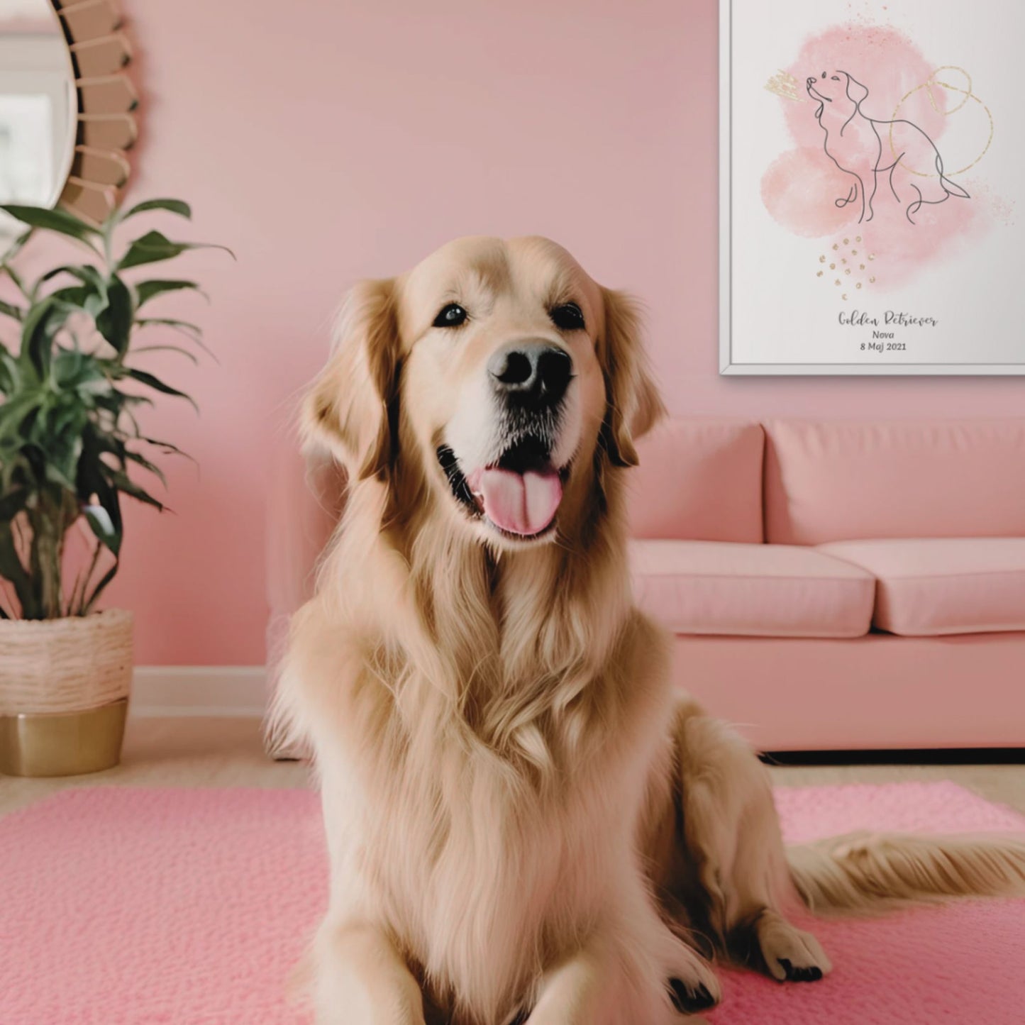 Minimalistisk rosa poster med Golden Retriever och en söt Golden Retriever-hund bredvid, design från Colorful Pets