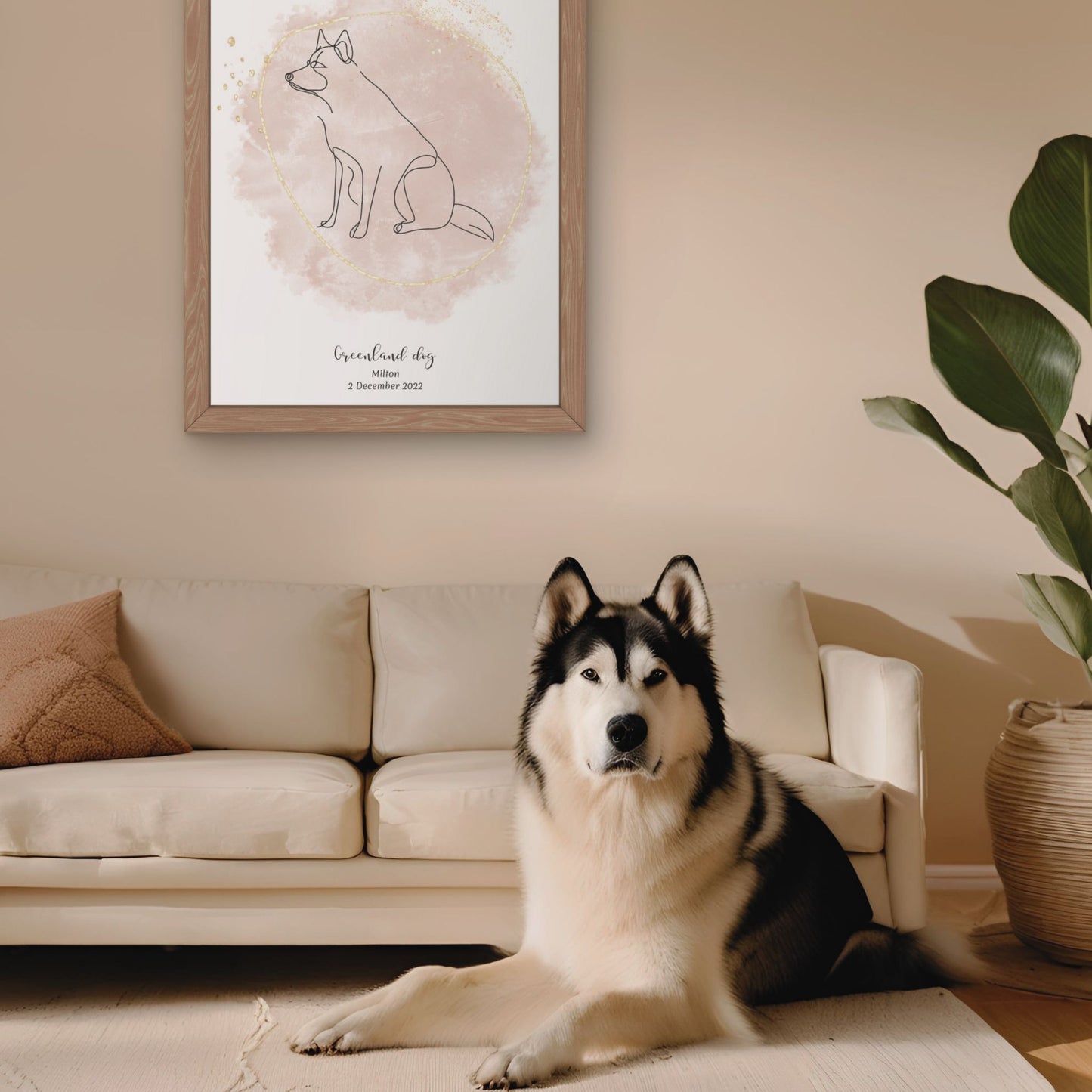 Minimalistisk beige poster med Grönlandshund och en vacker Grönlandshund-hund bredvid, design från Colorful Pets.