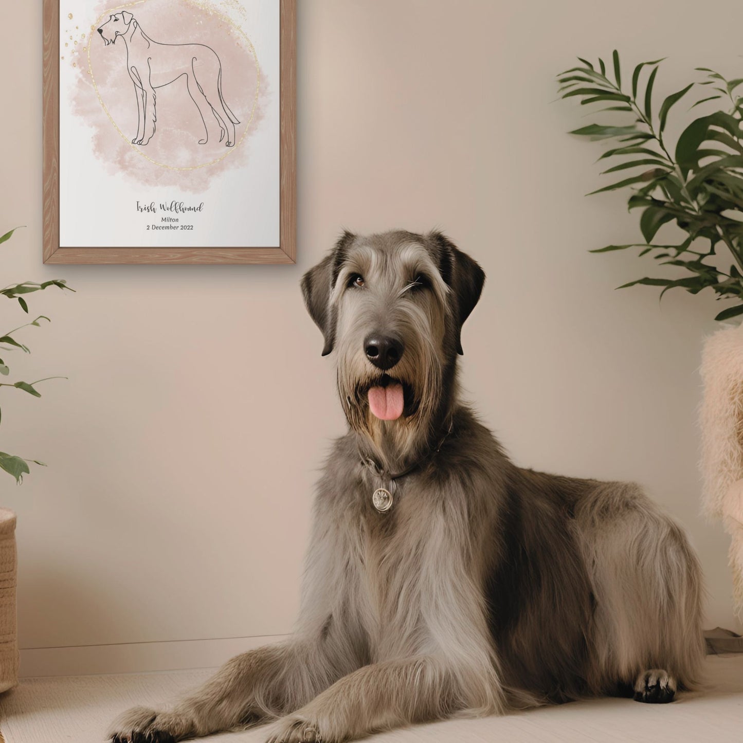 Minimalistisk beige poster med Irländsk Varghund och en ståtlig Irländsk Varghund-hund bredvid, design från Colorful Pets.