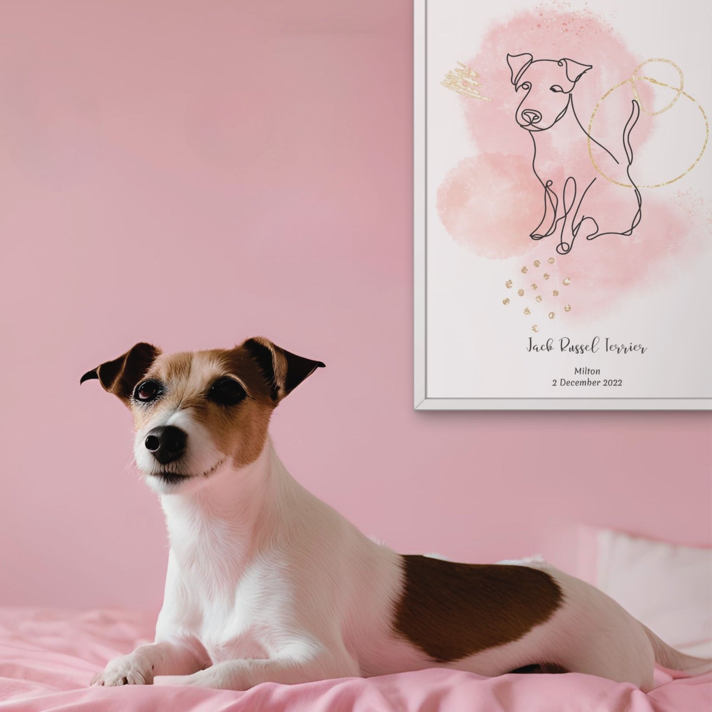 Minimalistisk rosa poster med Jack Russell och en pigg Jack Russell-hund bredvid, design från Colorful Pets.