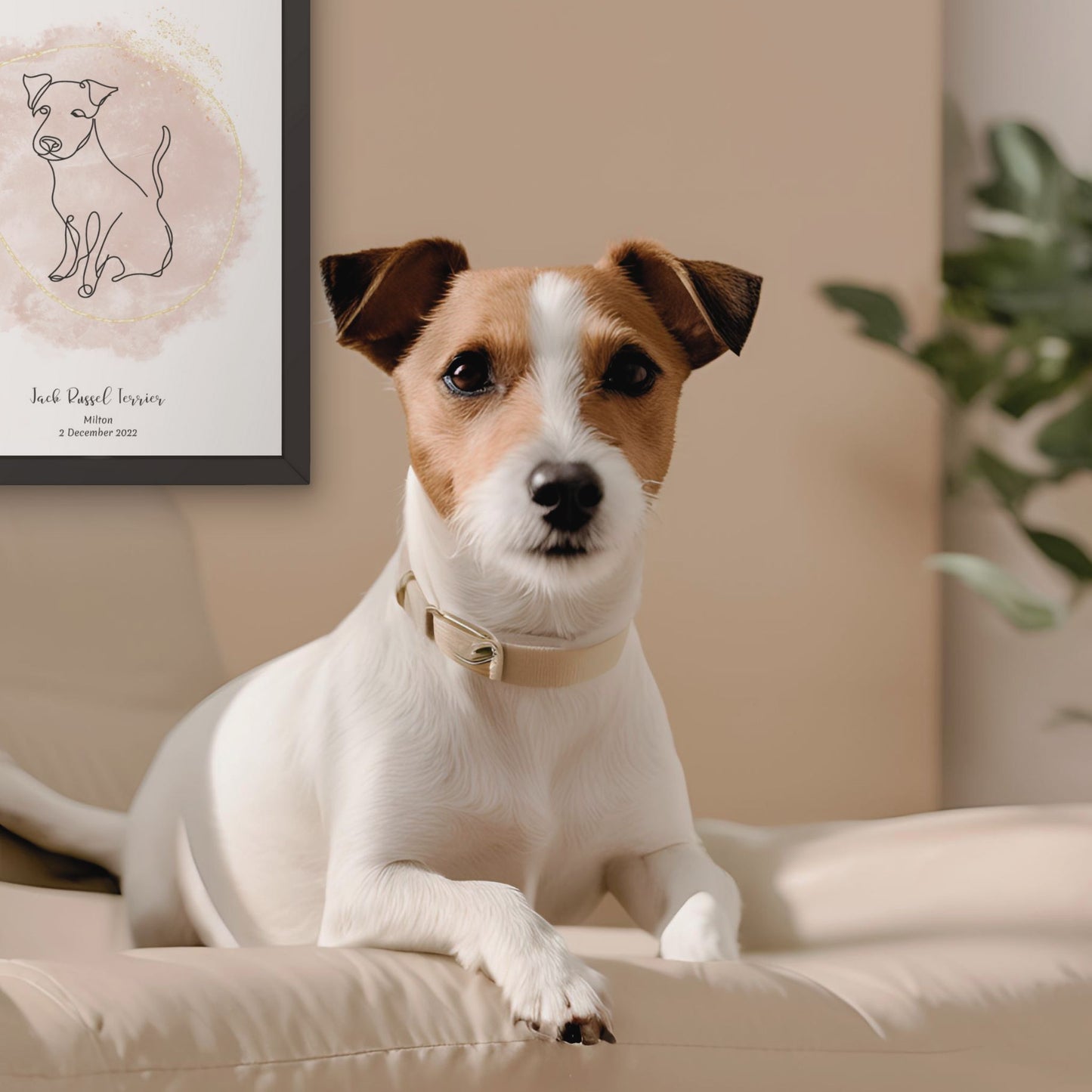 Minimalistisk beige poster med Jack Russell Terrier och en livlig Jack Russell Terrier-hund bredvid, design från Colorful Pets.