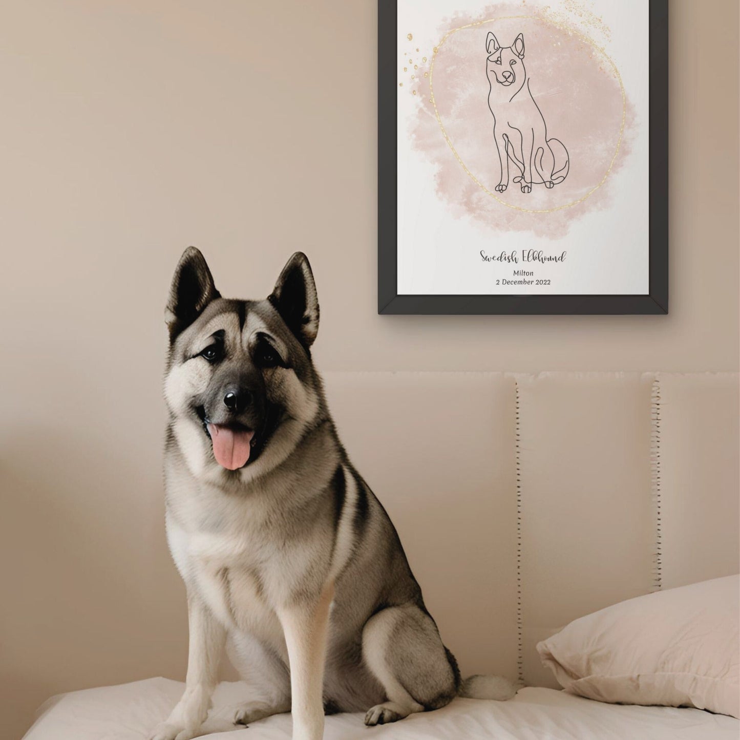Minimalistisk beige poster med Jämthund och en ståtlig Jämthund-hund bredvid, design från Colorful Pets.