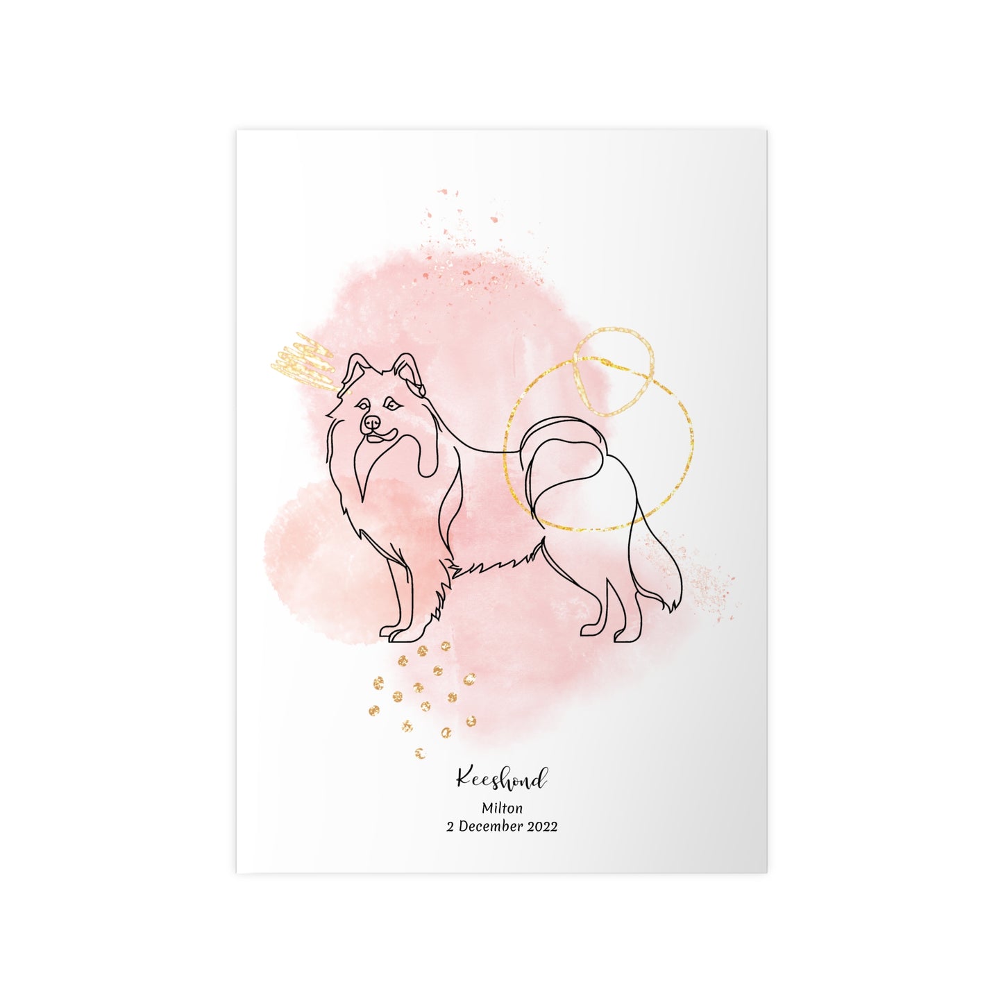 Alt-text: Minimalistisk rosa poster med Keeshond, personlig design från Colorful Pets.
