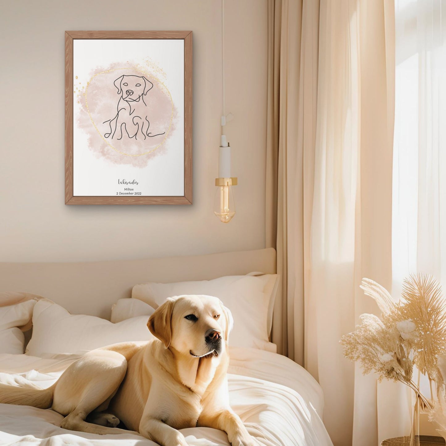 Minimalistisk beige poster med Labrador och en söt Labrador-hund bredvid, design från Colorful Pets.
