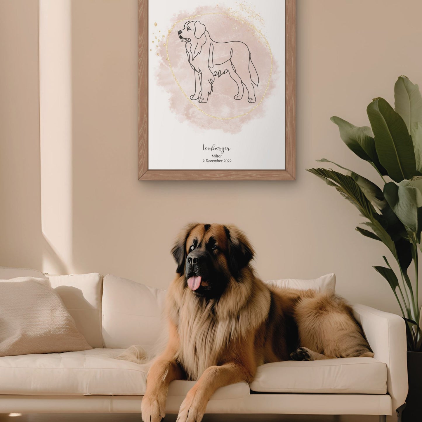 Minimalistisk beige poster med Leonberger och en majestätisk Leonberger-hund bredvid, design från Colorful Pets.