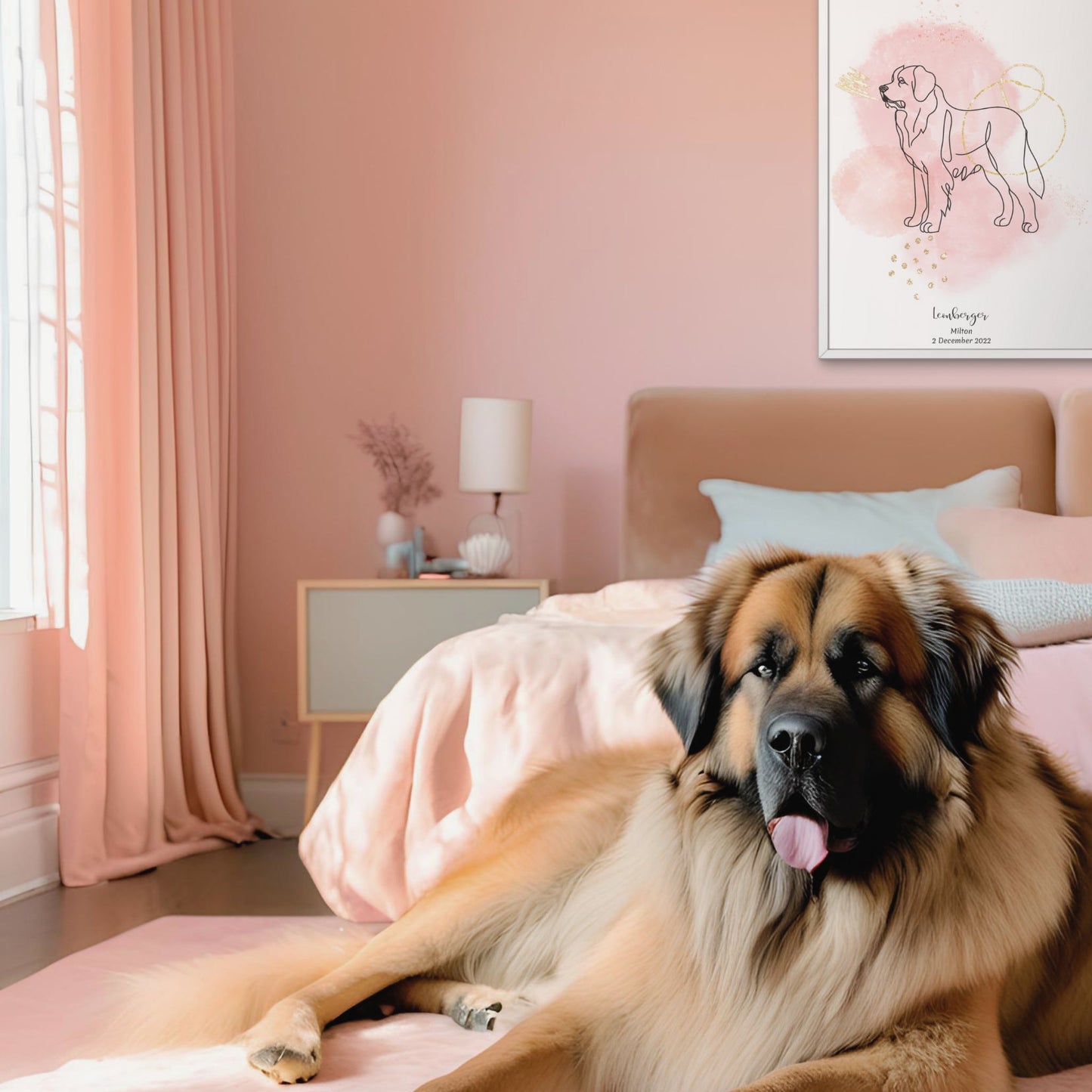 Minimalistisk rosa poster med Leonberger och en ståtlig Leonberger-hund bredvid, design från Colorful Pets.