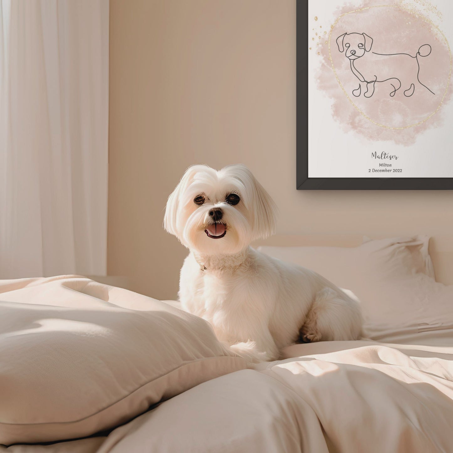 Minimalistisk beige poster med Malteser och en söt Malteser-hund bredvid, design från Colorful Pets.